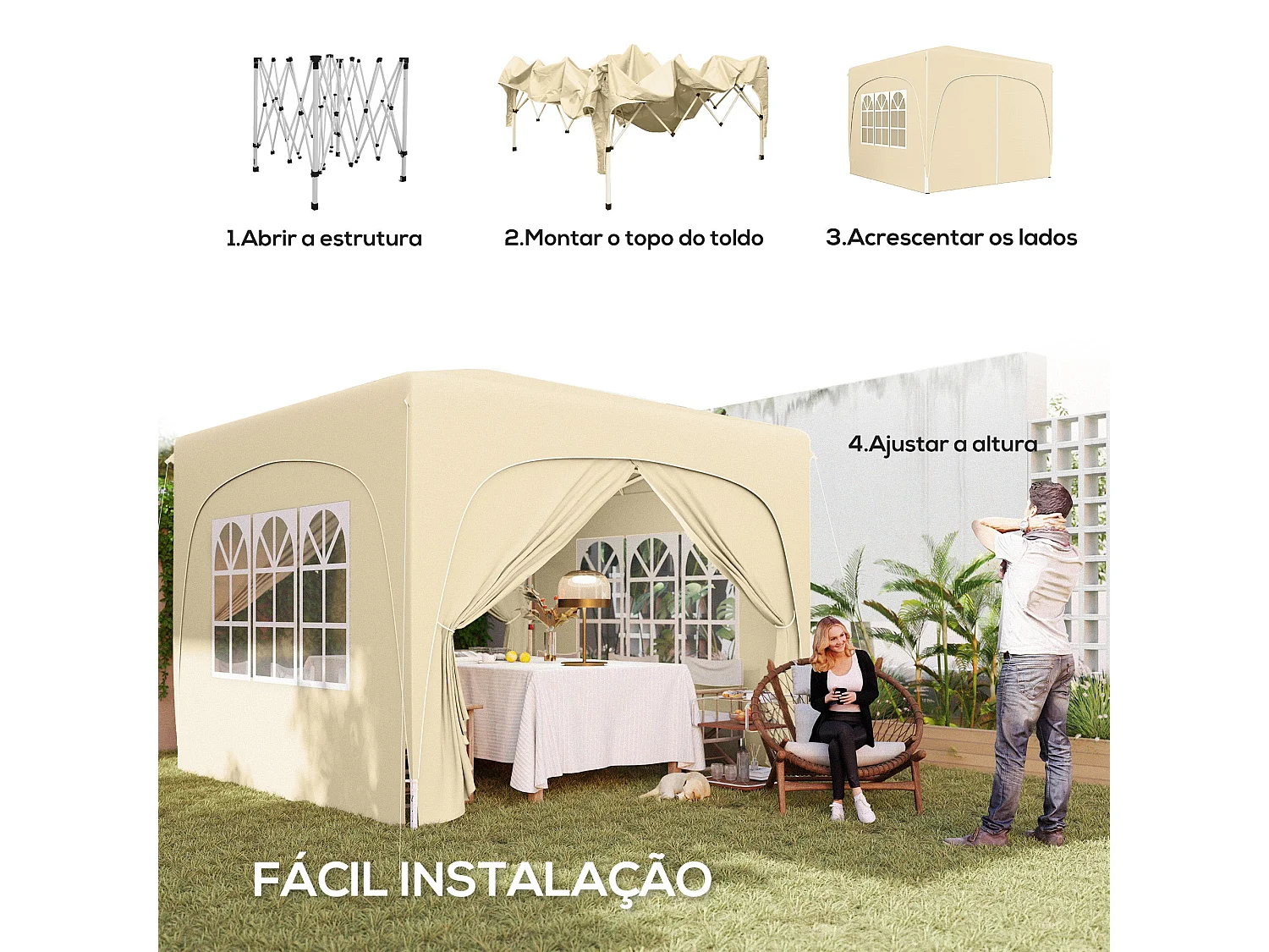 Cenador Garden Outsunny plegable+ regulable + 2 ventanas + 2 puertas crema 300x300 cm