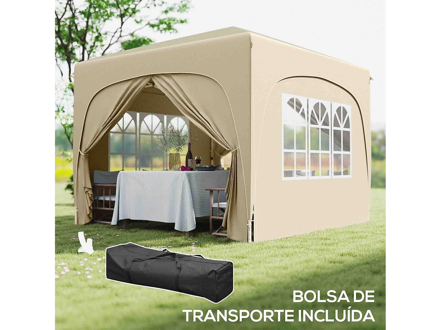 Cenador Garden Outsunny plegable+ regulable + 2 ventanas + 2 puertas crema 300x300 cm