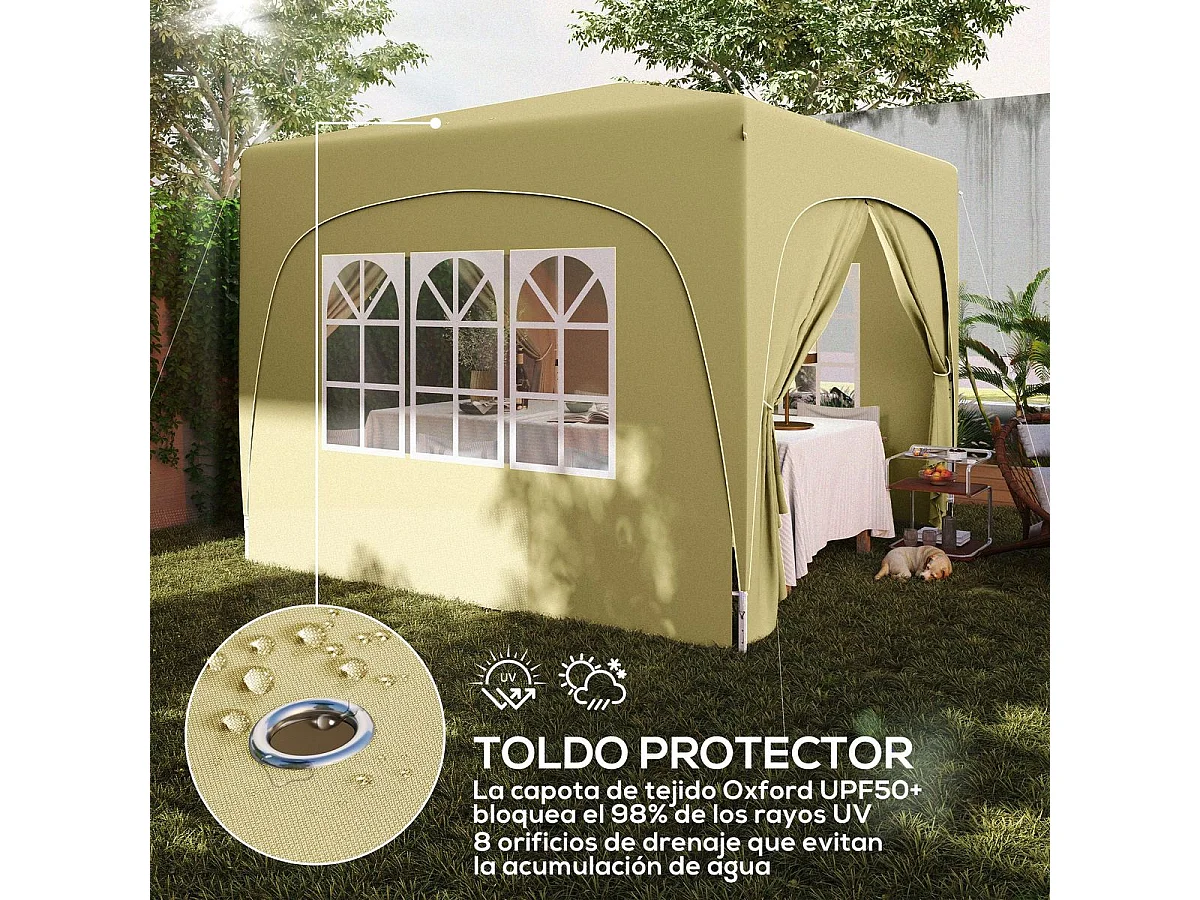 Cenador Garden Outsunny plegable+ regulable + 2 ventanas + 2 puertas crema 300x300 cm
