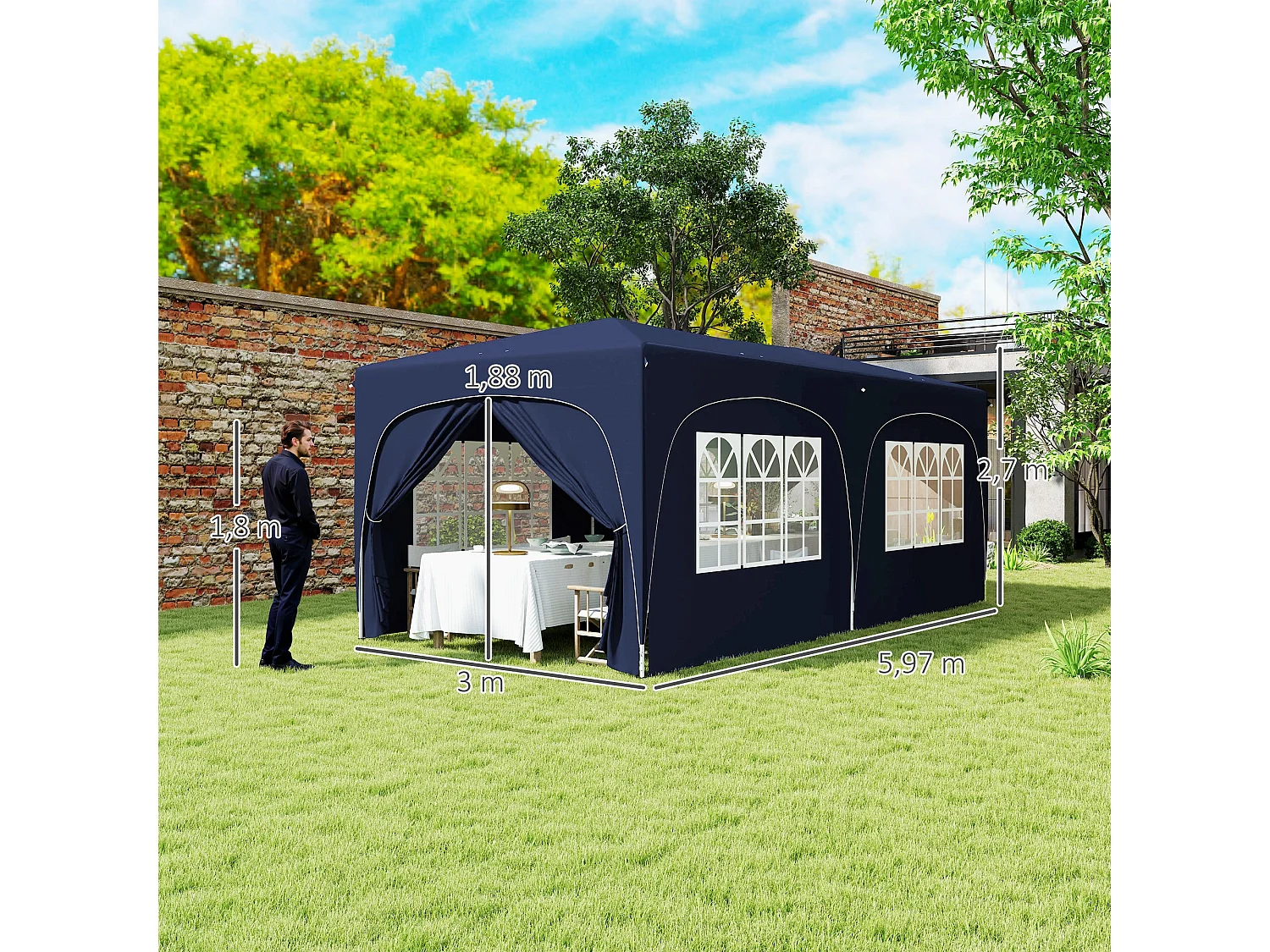 Carpa Vitta Outsunny altura ajustable + paneles laterales azul 270x597x300 cm