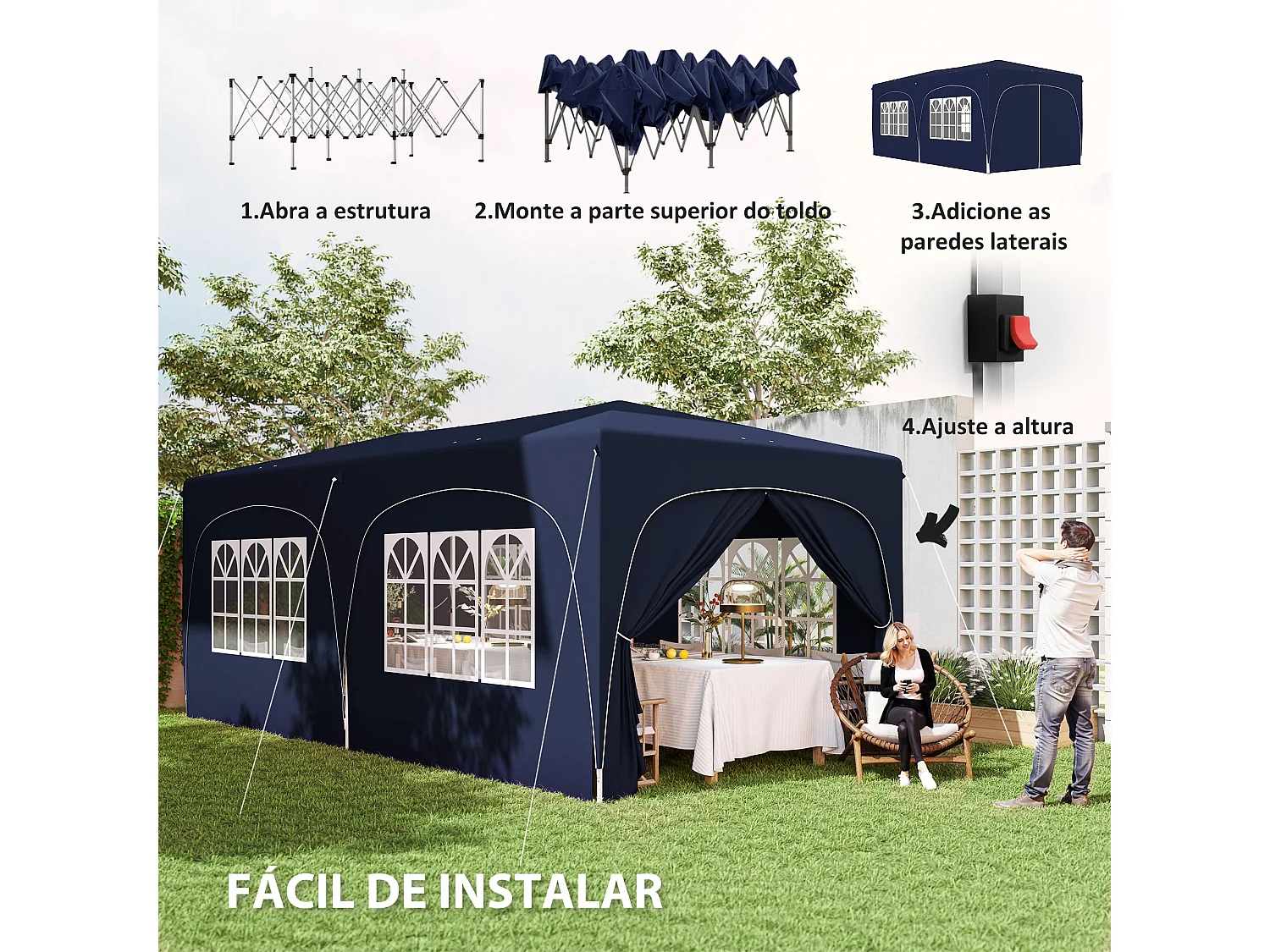 Carpa Vitta Outsunny altura ajustable + paneles laterales azul 270x597x300 cm