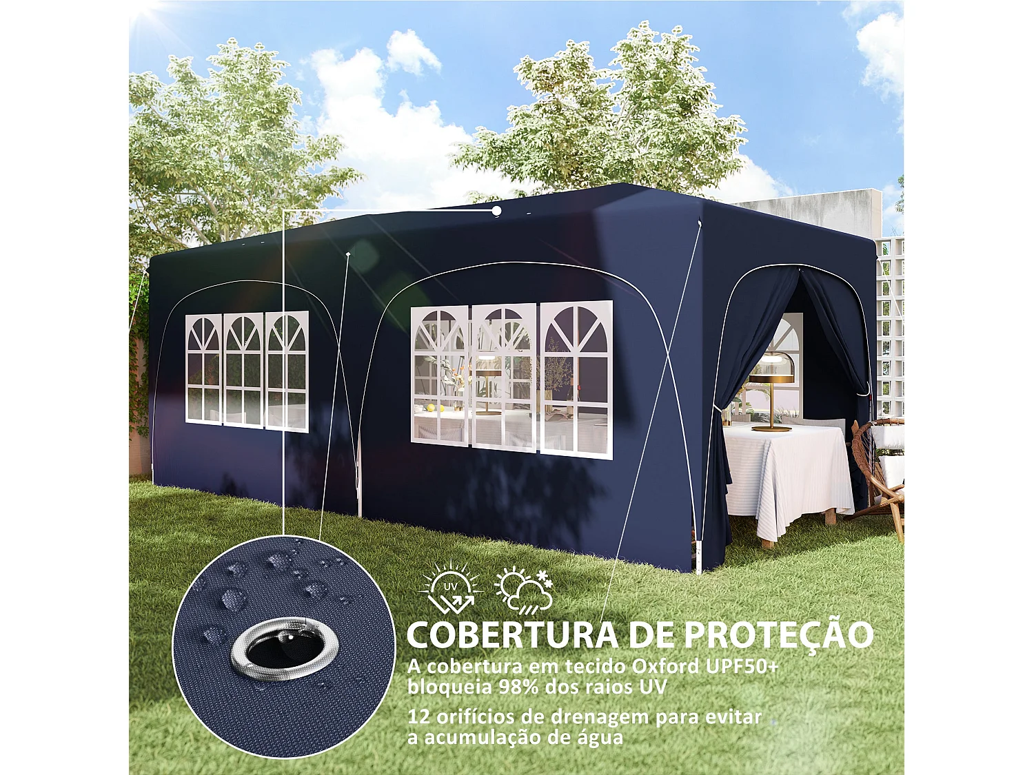 Carpa Vitta Outsunny altura ajustable + paneles laterales azul 270x597x300 cm