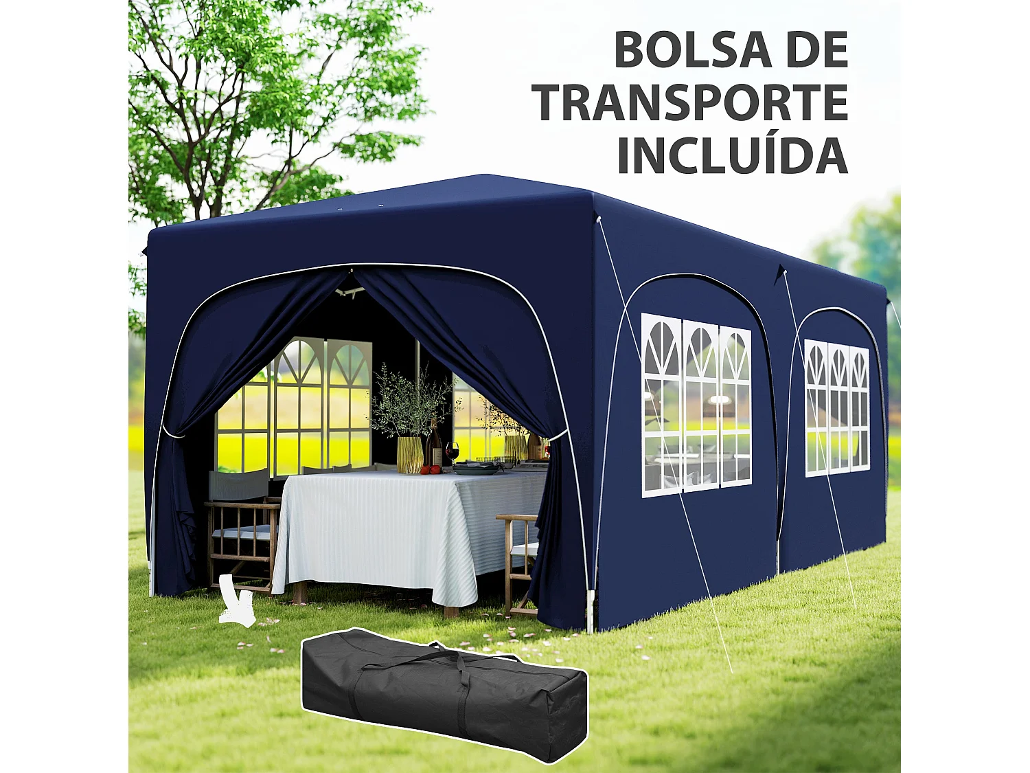 Carpa Vitta Outsunny altura ajustable + paneles laterales azul 270x597x300 cm