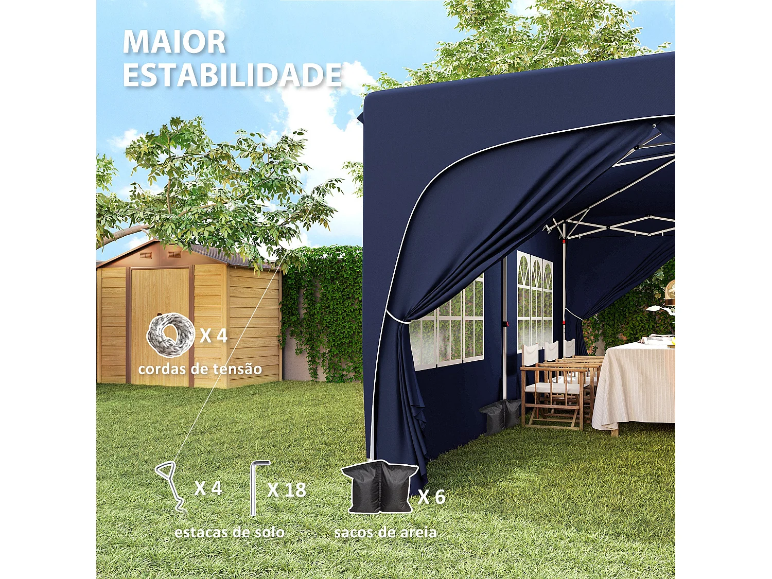 Carpa Vitta Outsunny altura ajustable + paneles laterales azul 270x597x300 cm