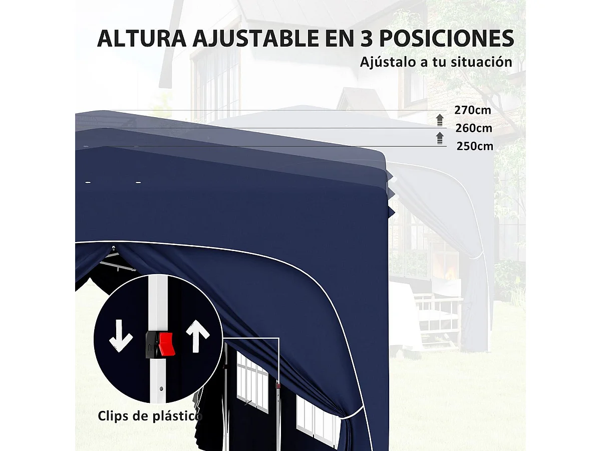 Carpa Vitta Outsunny altura ajustable + paneles laterales azul 270x597x300 cm