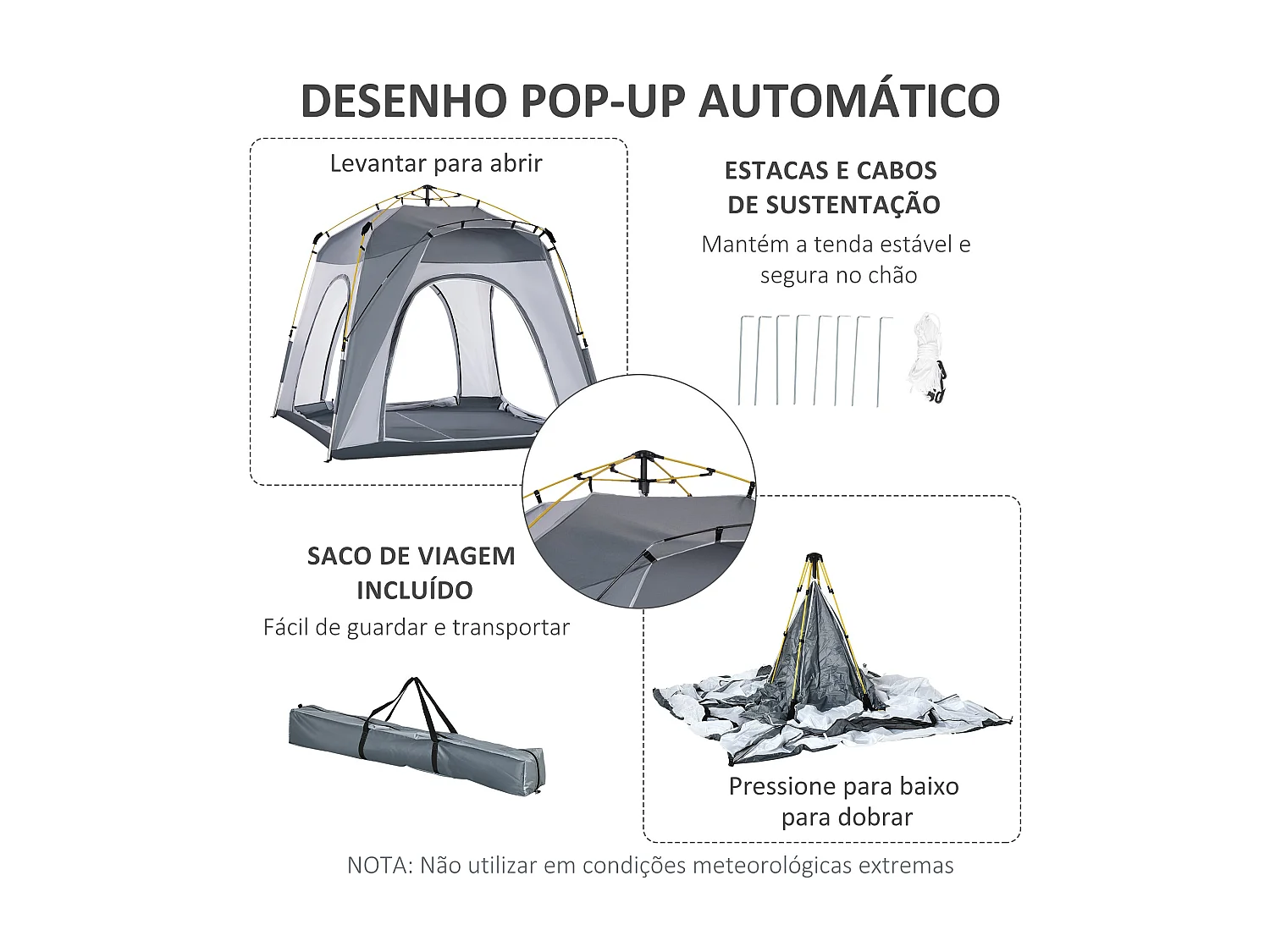 Tenda de Campismo Pop Up para 4 Pessoas com 4 Janelas e Bolsa de Transporte - Ideal para Aventura ao Ar Livre