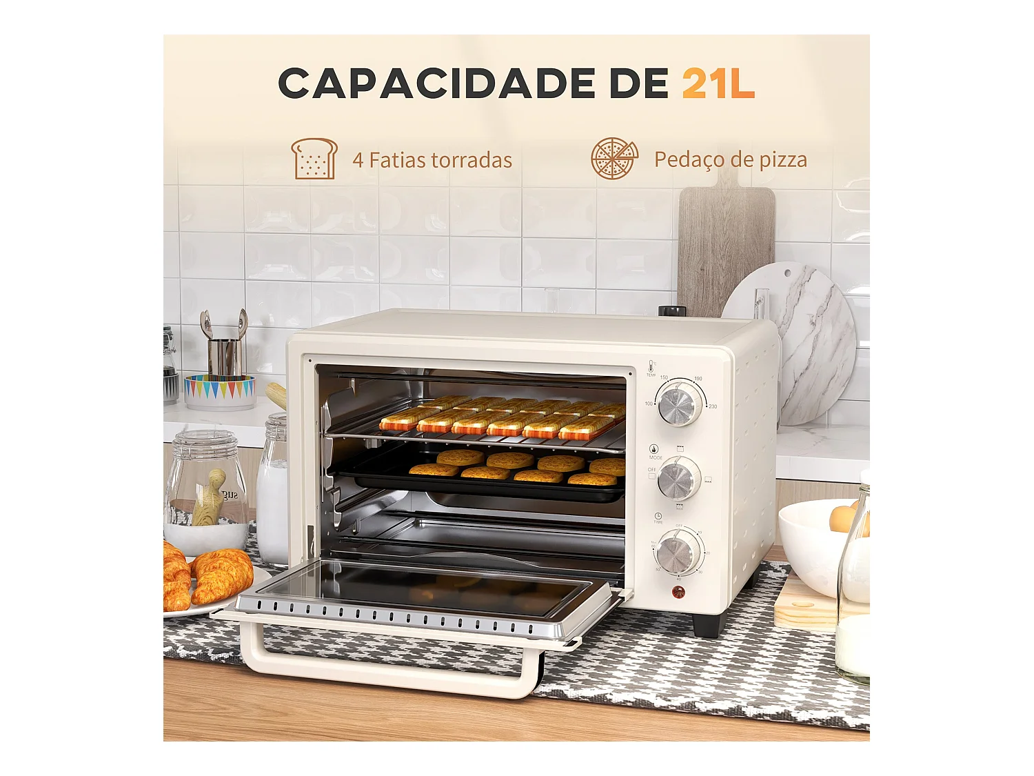Horno de sobremesa Alec Homcom 1400W 21L 3 modos + temporizador crema 46 cm