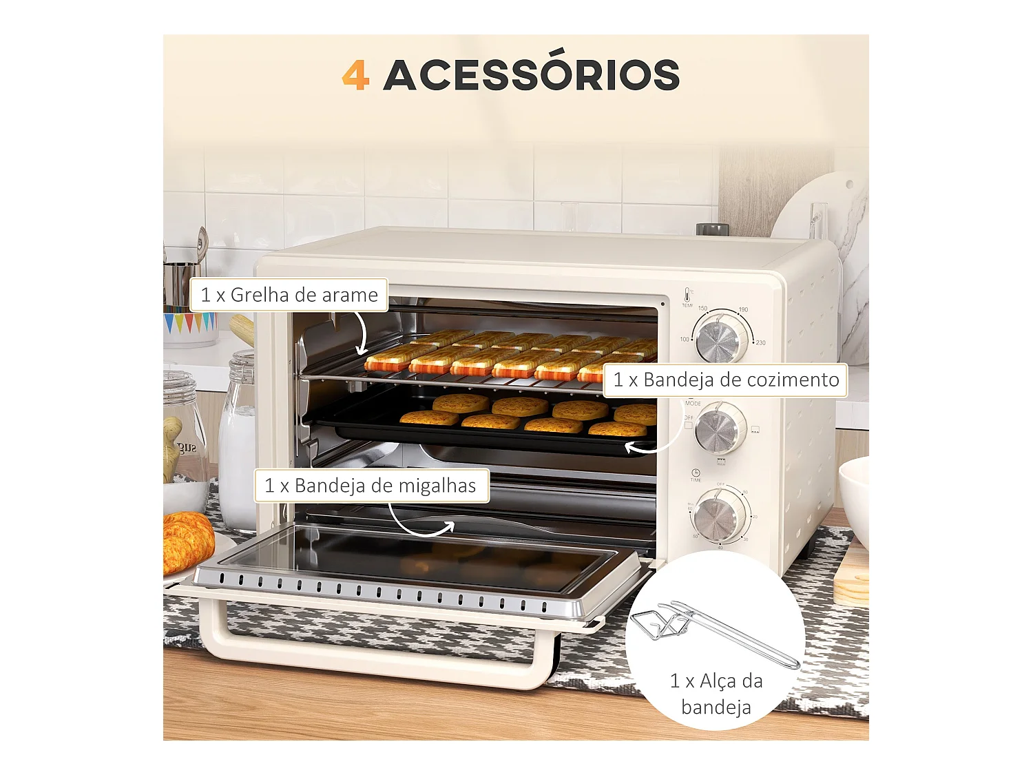 Horno de sobremesa Alec Homcom 1400W 21L 3 modos + temporizador crema 46 cm