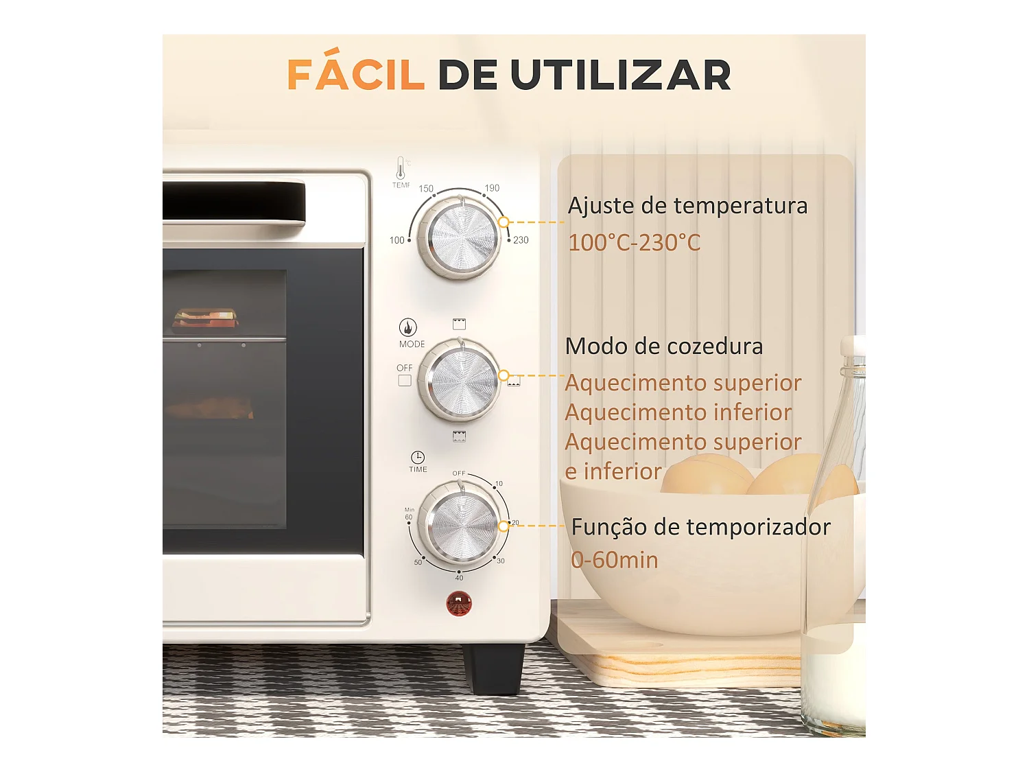Horno de sobremesa Alec Homcom 1400W 21L 3 modos + temporizador crema 46 cm