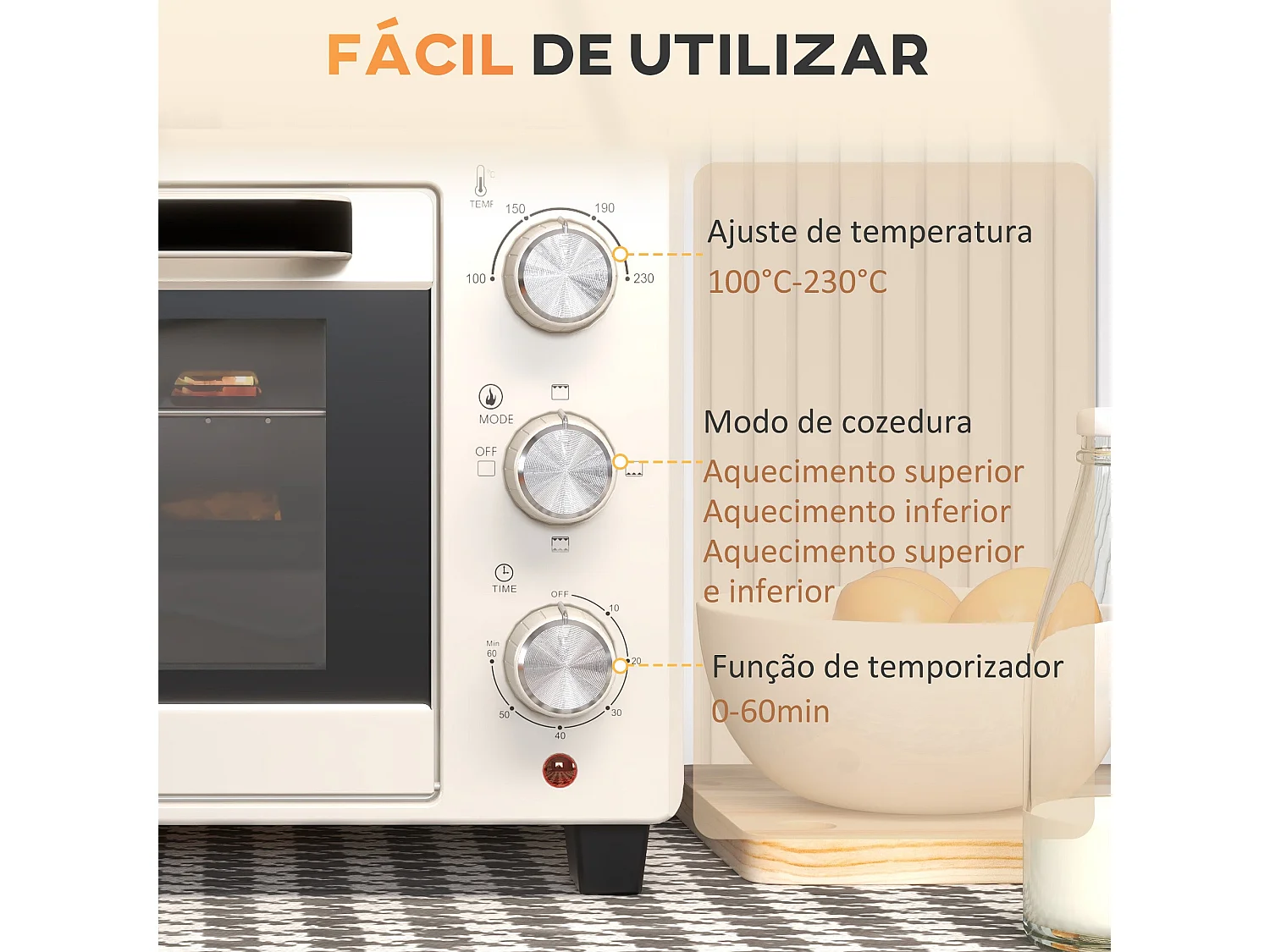 Mini Forno Elétrico 21L com Temporizador e Temperatura Ajustável até 230℃
