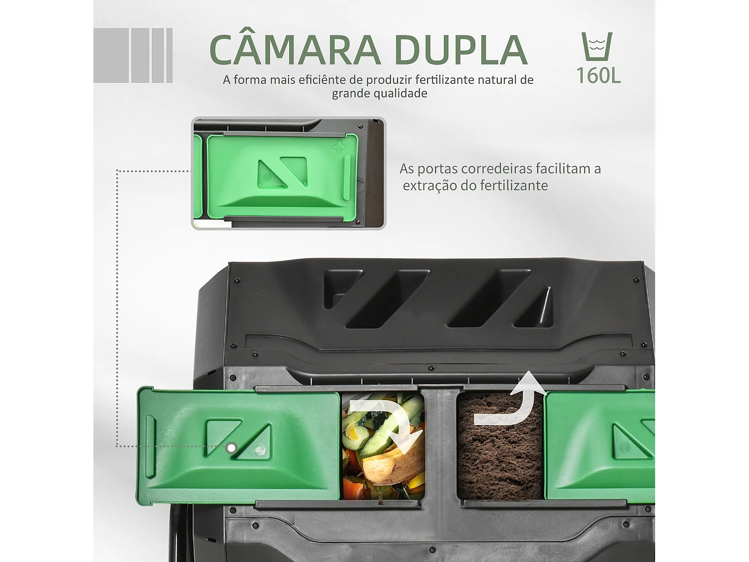 Compostor Giratório de Dupla Câmara ÉcoCycle 160L - Sustentável e Eficiente em Preto e Verde