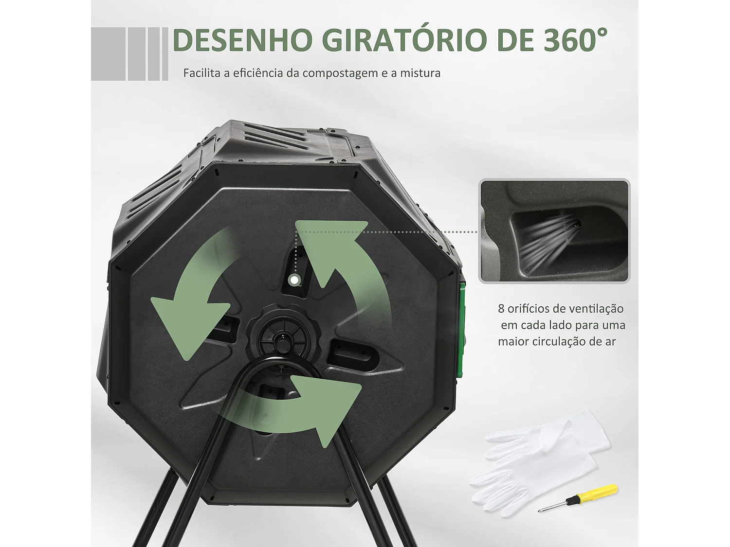 Compostor Giratório de Dupla Câmara ÉcoCycle 160L - Sustentável e Eficiente em Preto e Verde