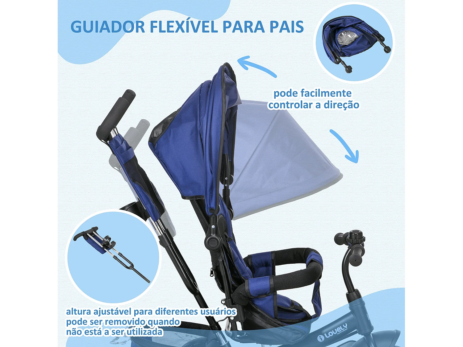 Triciclo Evolutivo 2 em 1 para Bebês com Capota e Guiador Removível - Modelo Helsinki Azul Marrinho