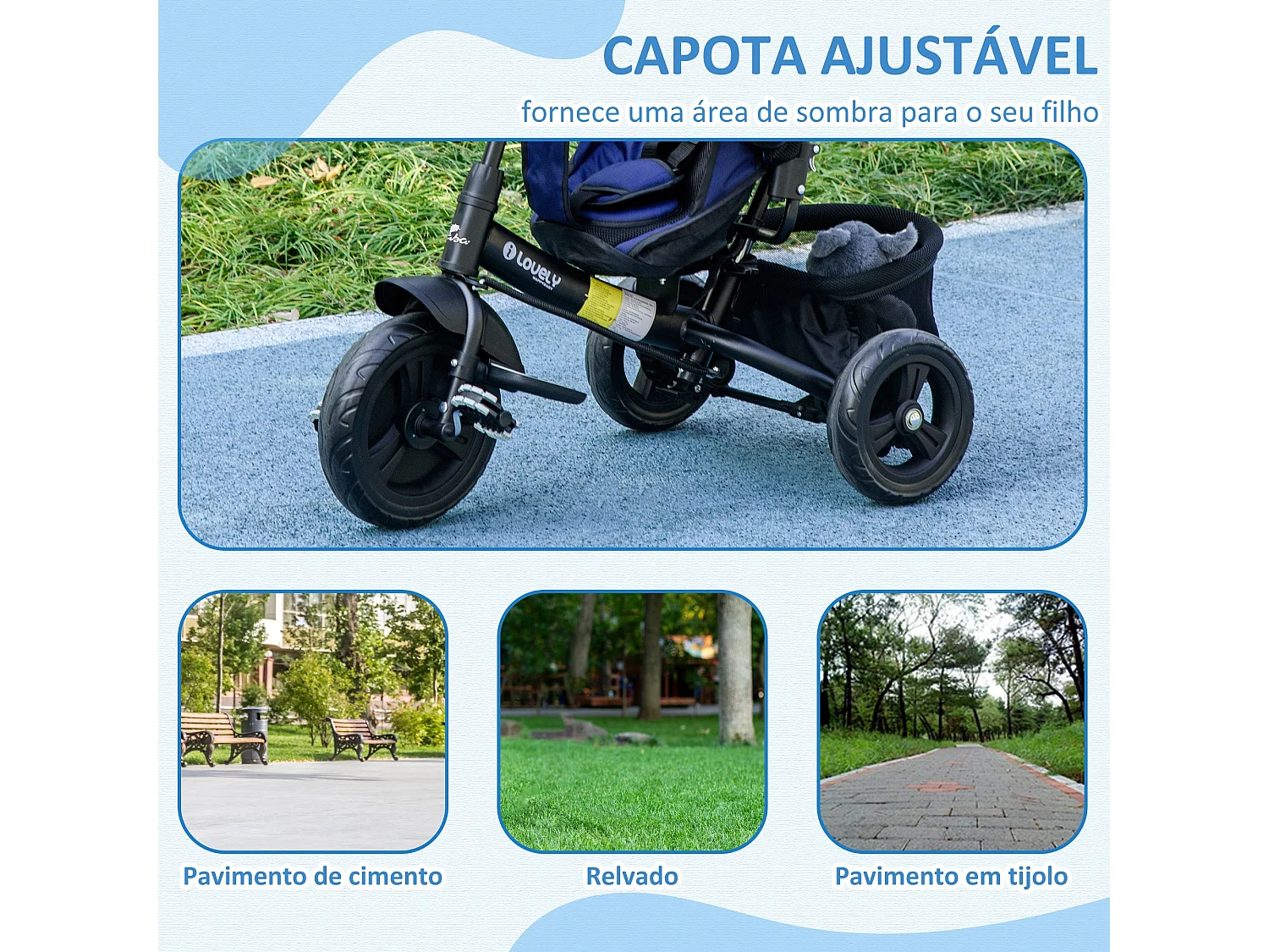 Triciclo Evolutivo 2 em 1 para Bebês com Capota e Guiador Removível - Modelo Helsinki Azul Marrinho