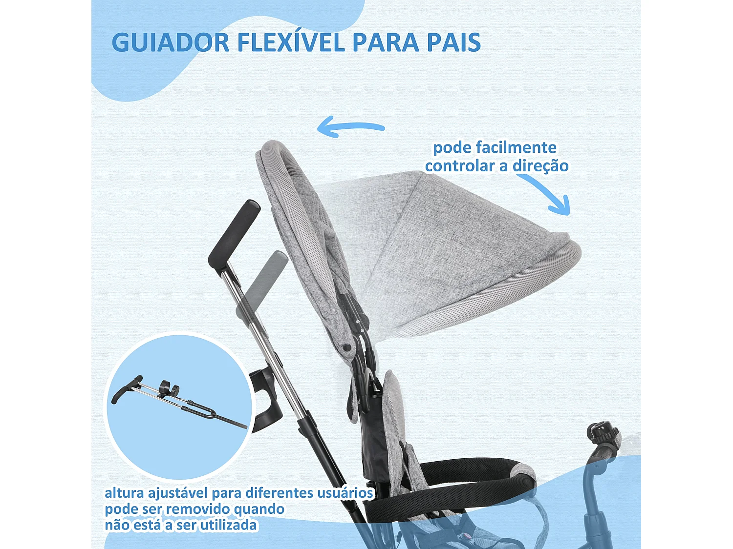 Triciclo Evolutivo 2 em 1 para Bebês com Toldo Dobrável e Guiador Removível - Modelo Nancy