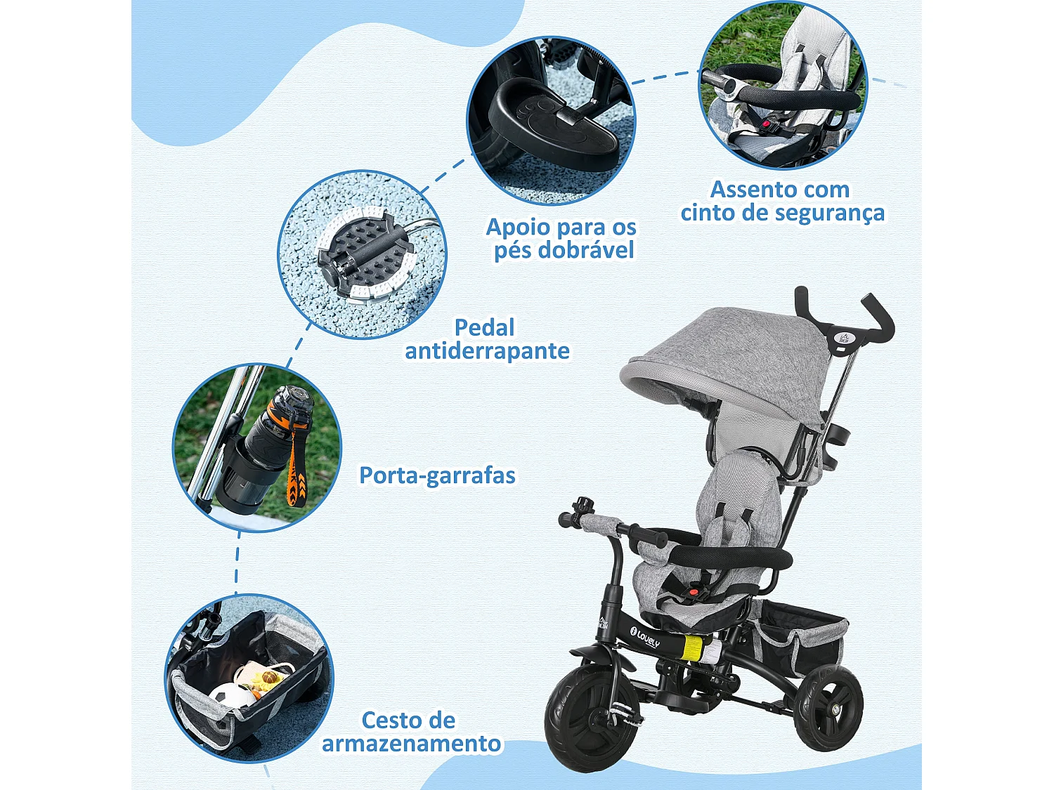 Triciclo Evolutivo 2 em 1 para Bebês com Toldo Dobrável e Guiador Removível - Modelo Nancy