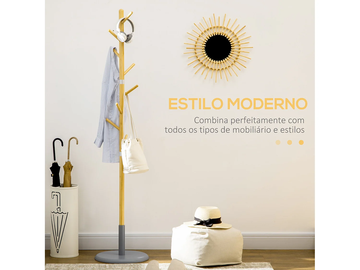 Perchero de pie Víctor Homcom 8 ganchos natural/gris Ø37,8x175,6 cm