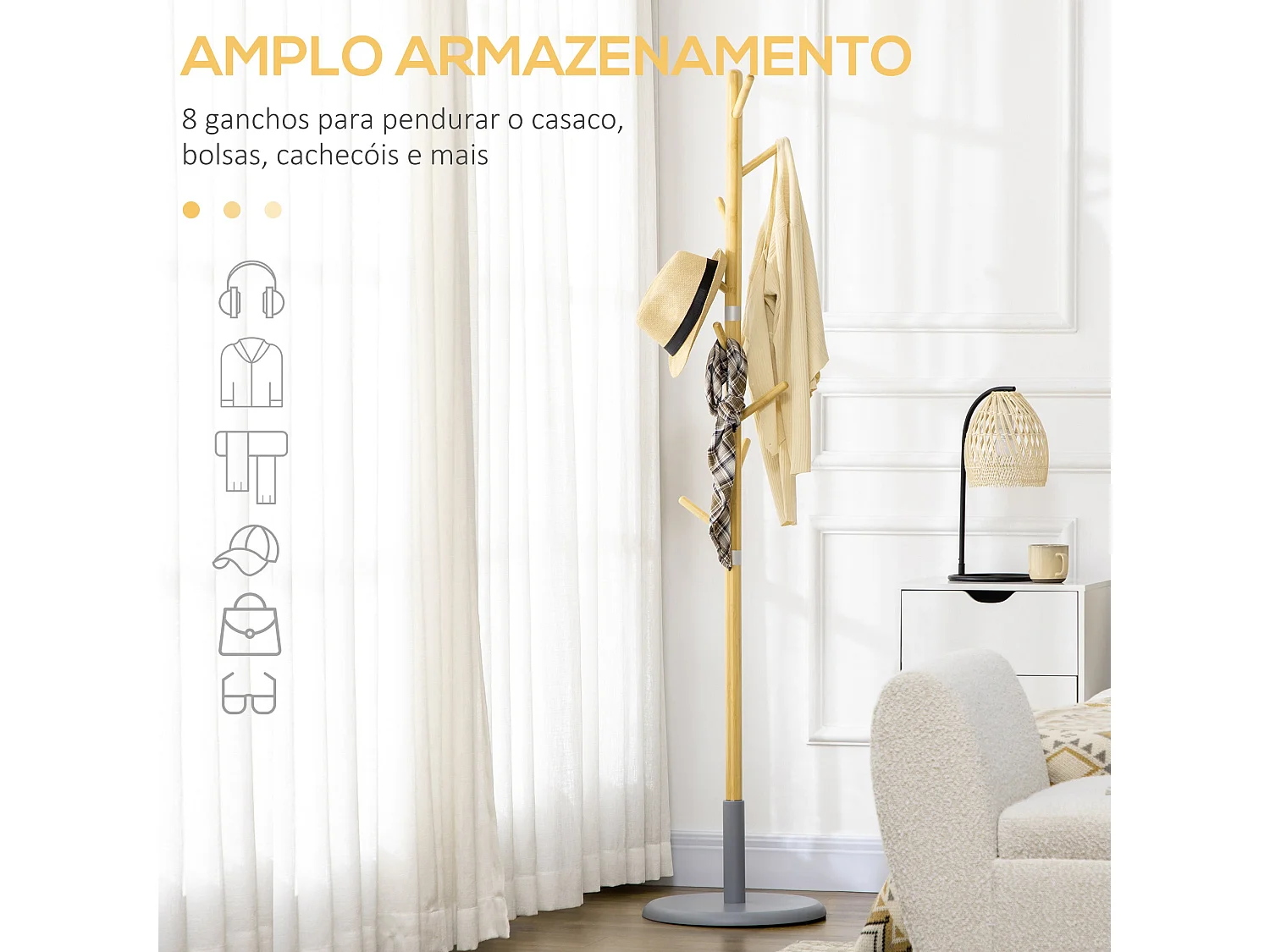 Perchero de pie Víctor Homcom 8 ganchos natural/gris Ø37,8x175,6 cm