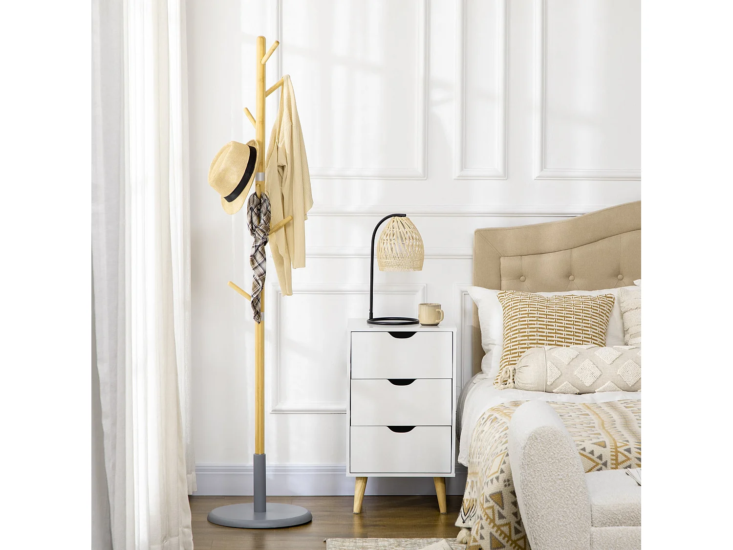 Perchero de pie Víctor Homcom 8 ganchos natural/gris Ø37,8x175,6 cm