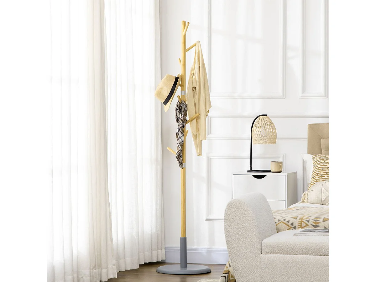 Perchero de pie Víctor Homcom 8 ganchos natural/gris Ø37,8x175,6 cm