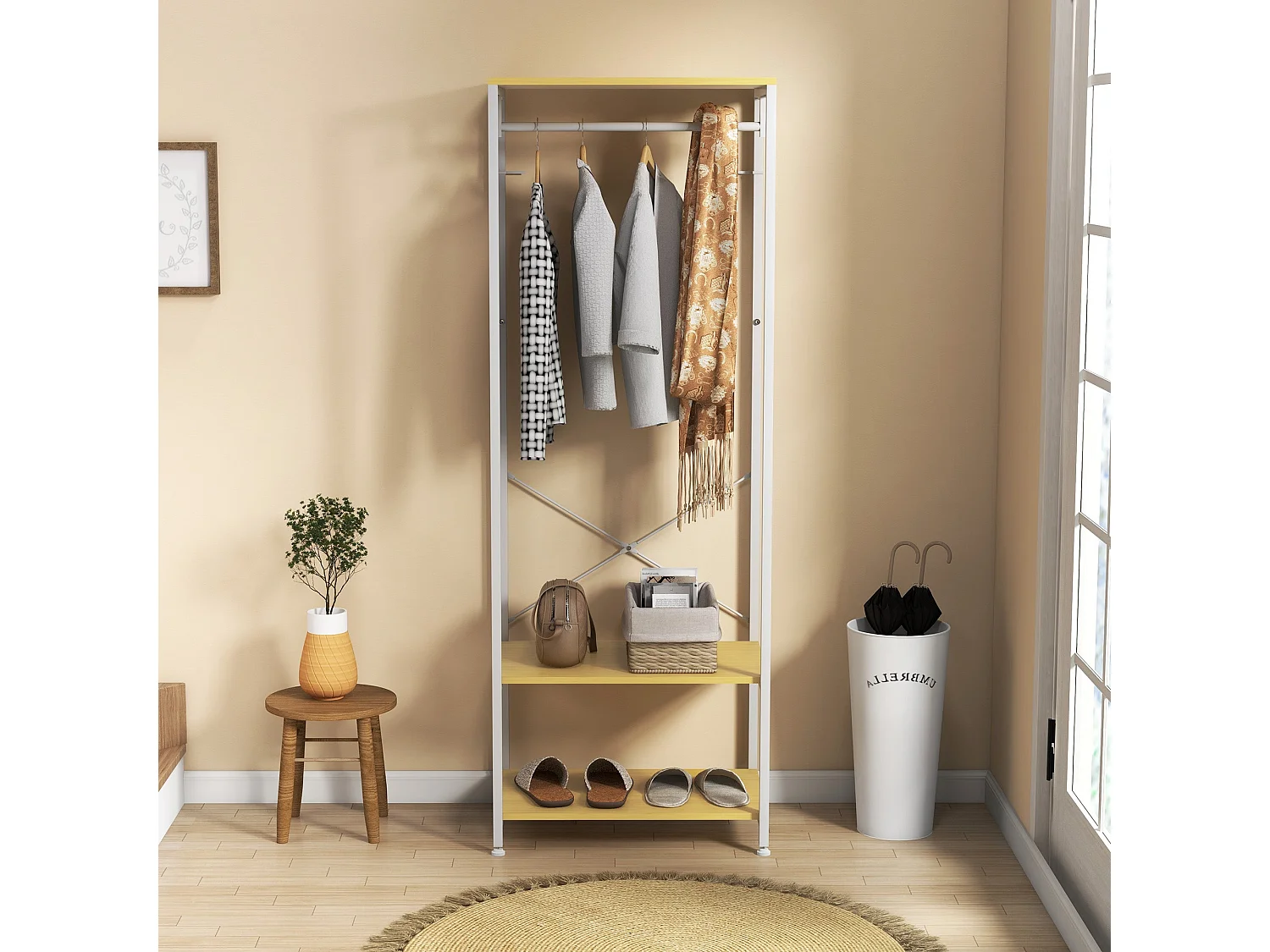 Perchero Natur Homcom 4 estantes + barra para colgar + colgador natural 155x90x30 cm