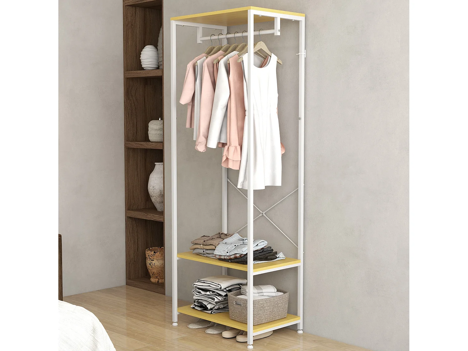 Perchero Natur Homcom 4 estantes + barra para colgar + colgador natural 155x90x30 cm