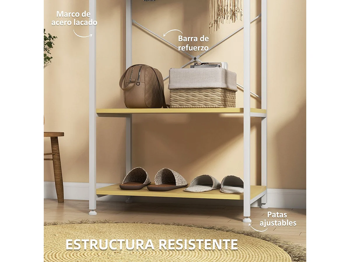 Perchero Natur Homcom 4 estantes + barra para colgar + colgador natural 155x90x30 cm