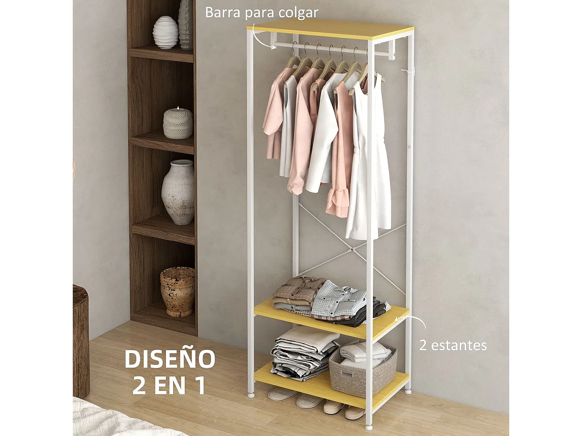 Perchero Natur Homcom 4 estantes + barra para colgar + colgador natural 155x90x30 cm