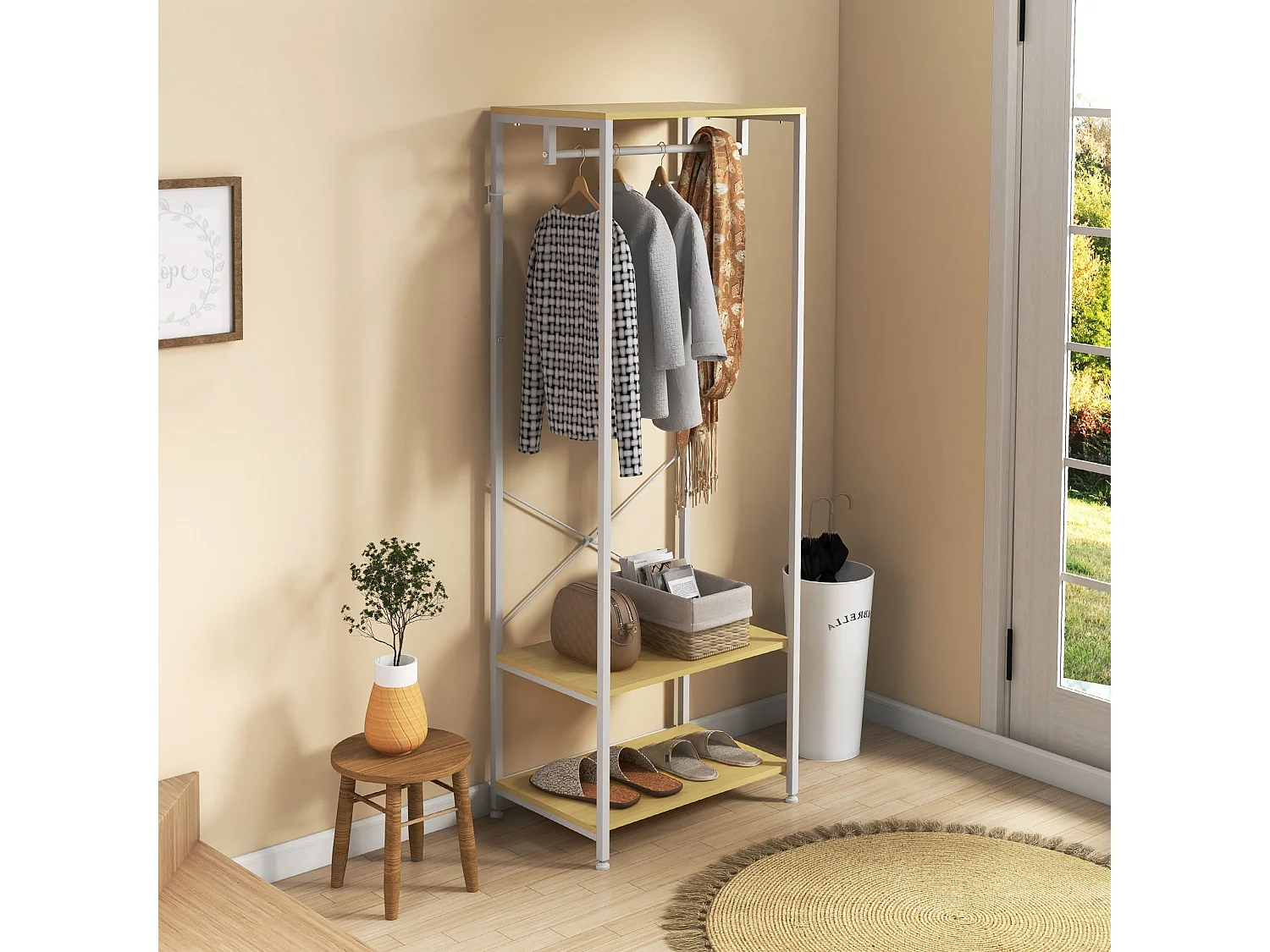 Perchero Natur Homcom 4 estantes + barra para colgar + colgador natural 155x90x30 cm