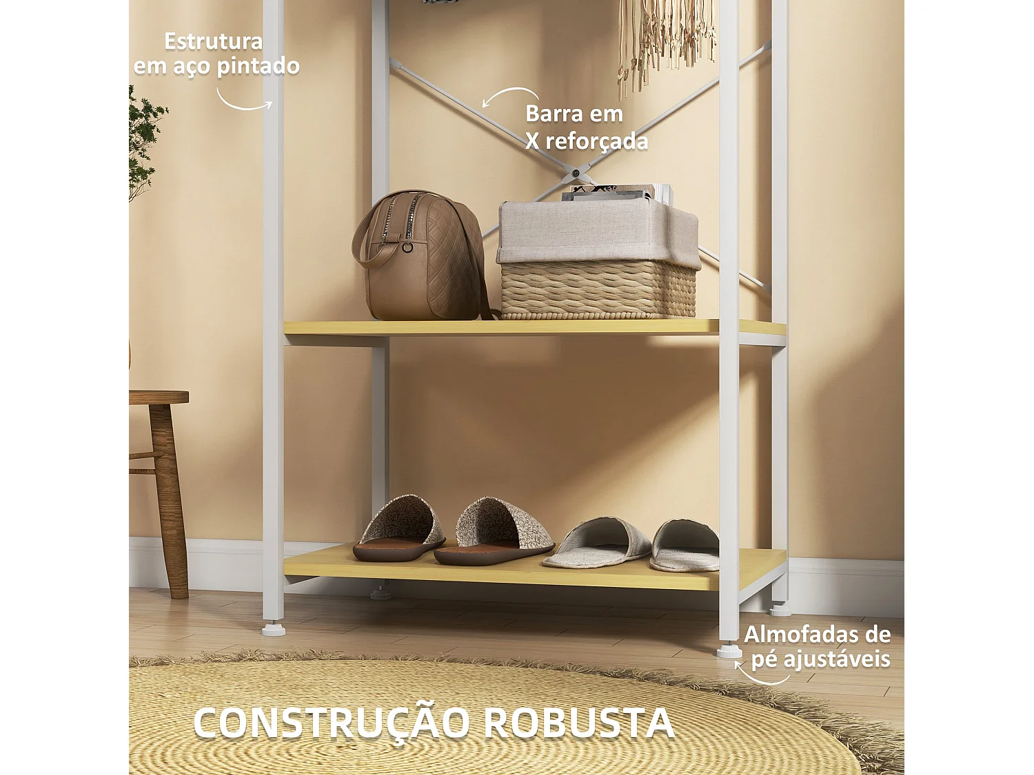 Perchero Natur Homcom 4 estantes + barra para colgar + colgador natural 155x90x30 cm