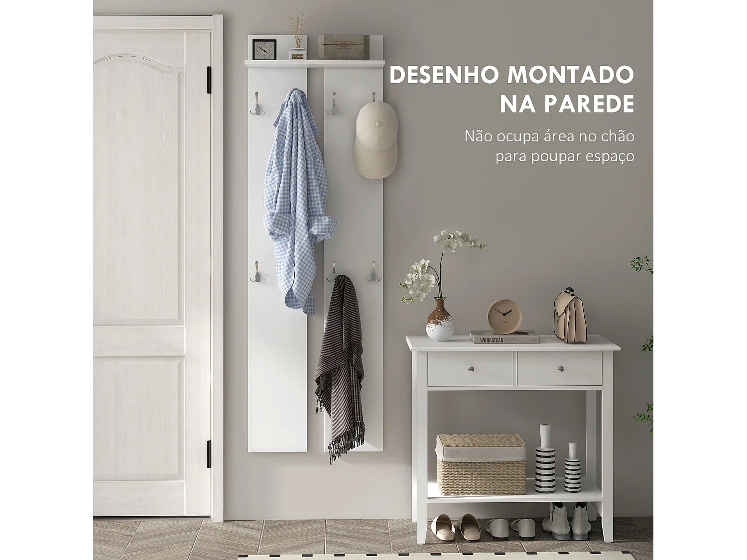 Cabideiro de Entrada Moderno com 8 Ganchos e Prateleira - Modelo Belluno em Branco, 55x21,3x170 cm