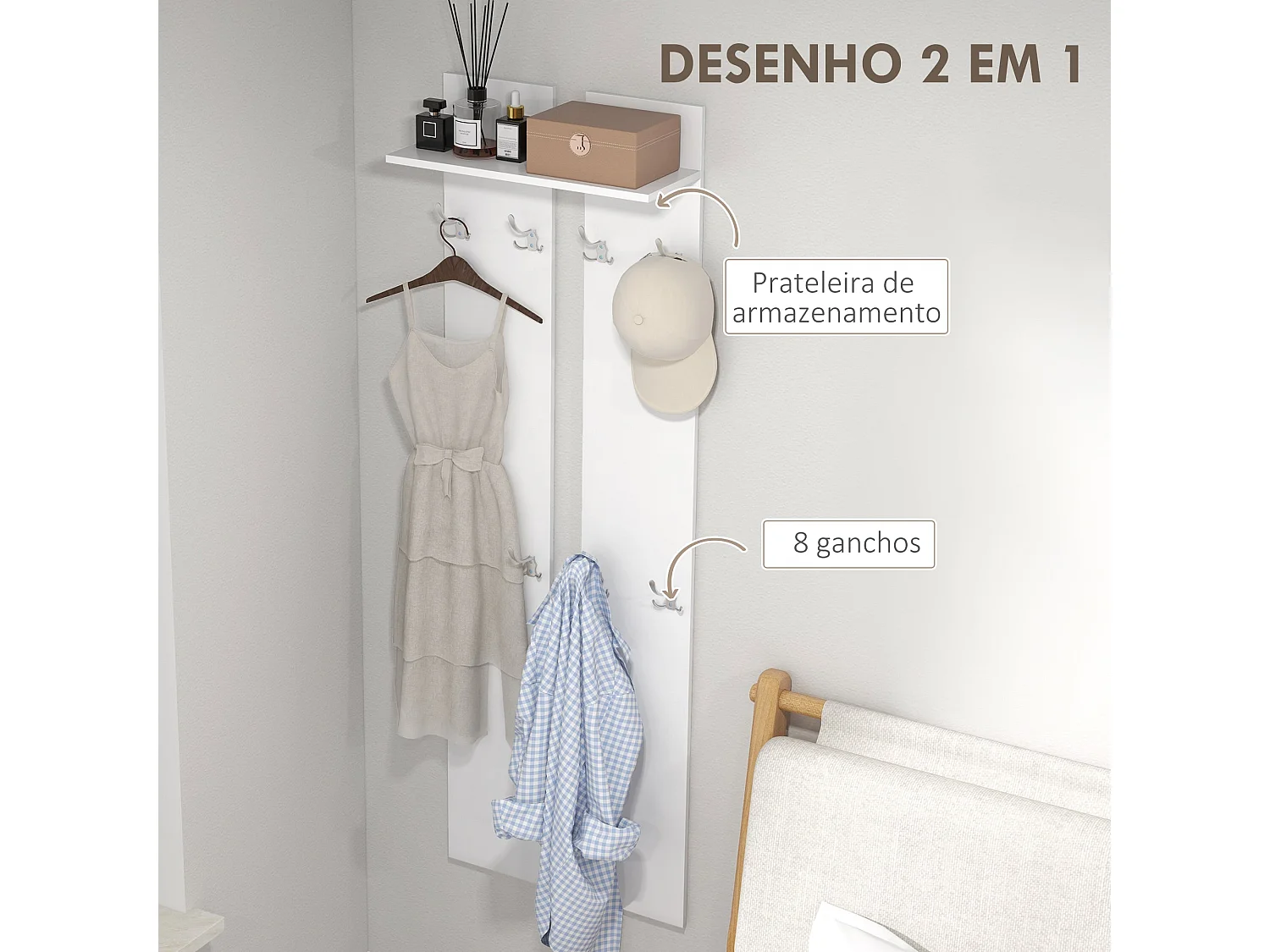 Cabideiro de Entrada Moderno com 8 Ganchos e Prateleira - Modelo Belluno em Branco, 55x21,3x170 cm