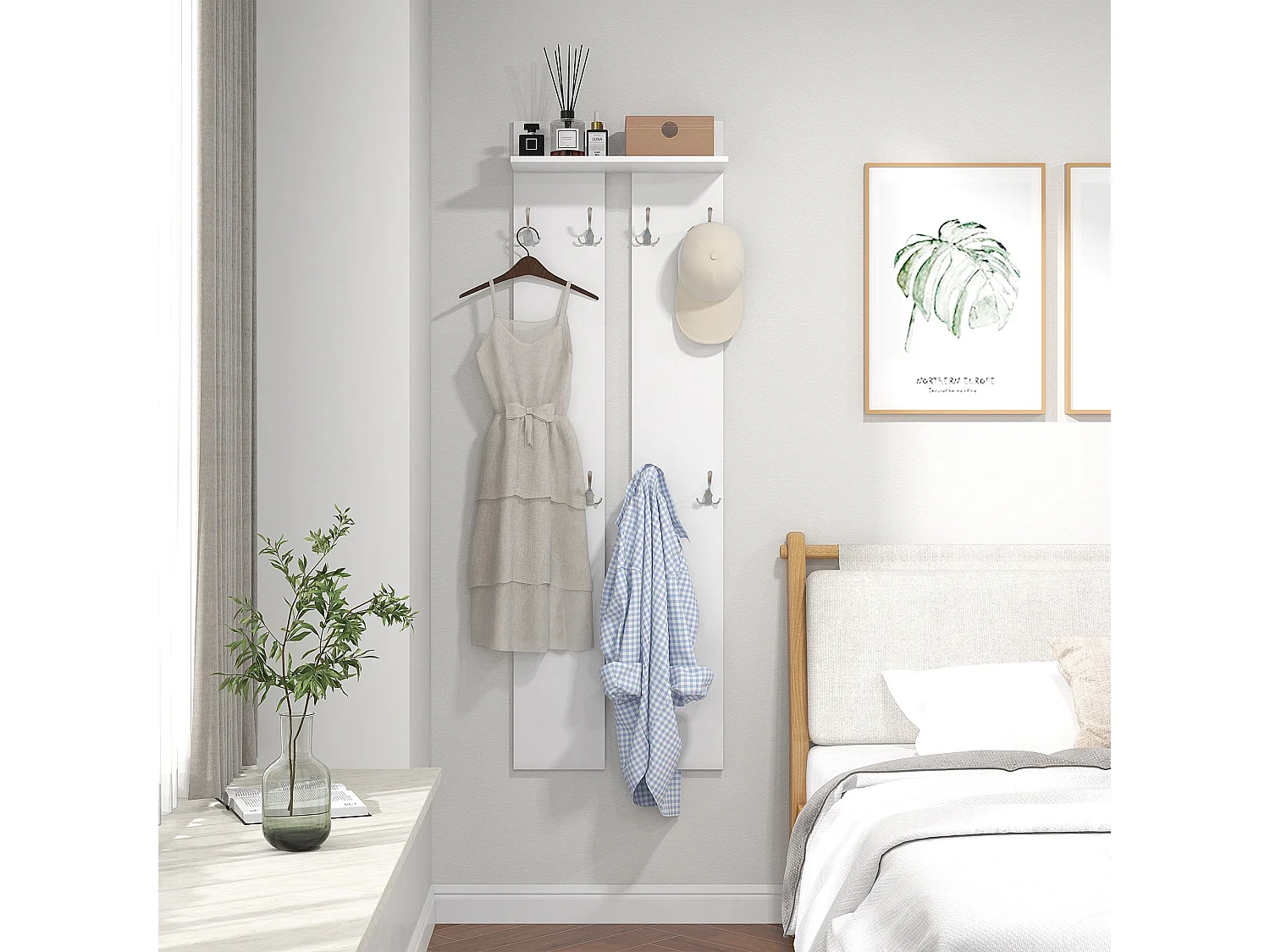 Cabideiro de Entrada Moderno com 8 Ganchos e Prateleira - Modelo Belluno em Branco, 55x21,3x170 cm