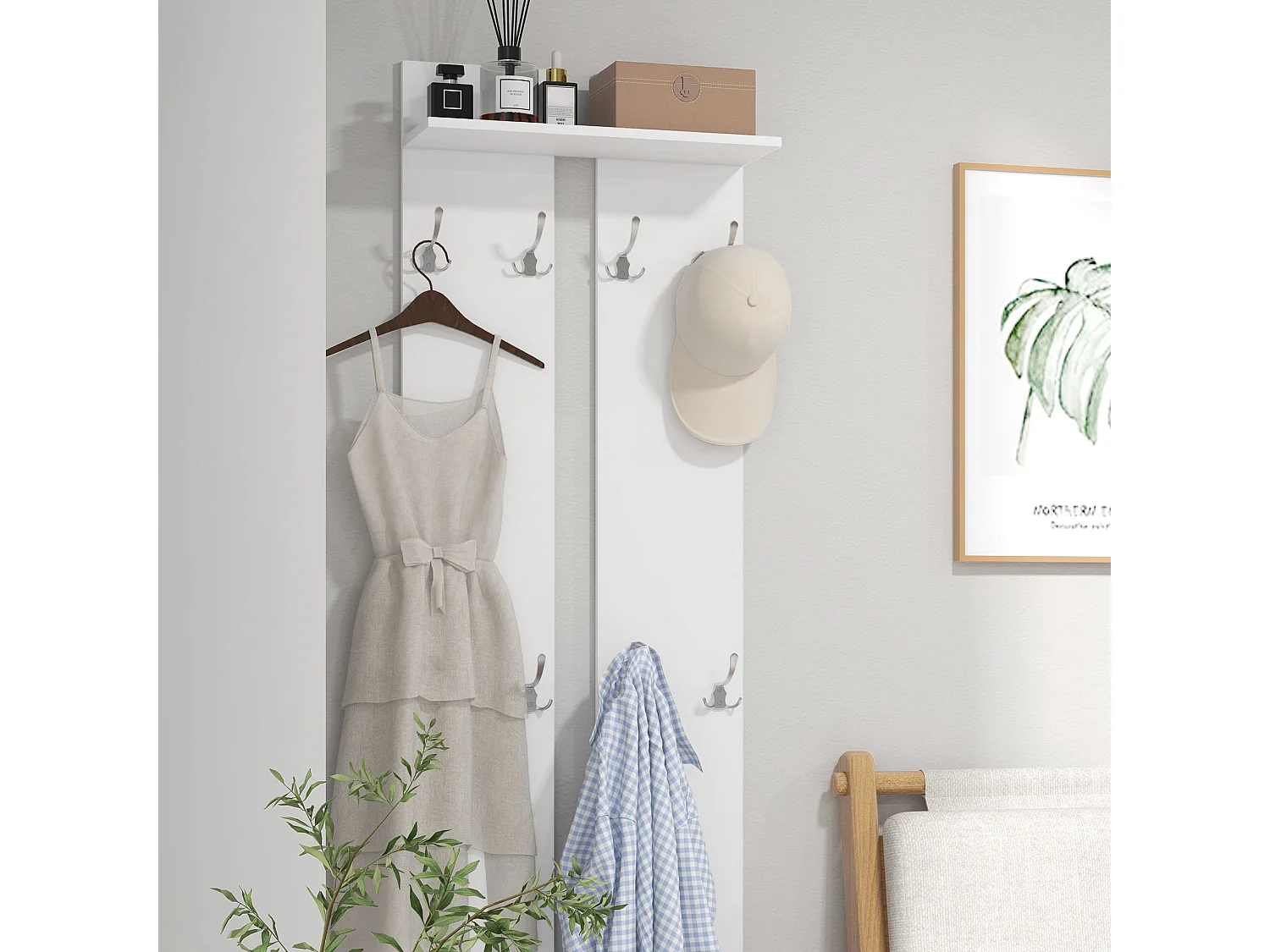 Cabideiro de Entrada Moderno com 8 Ganchos e Prateleira - Modelo Belluno em Branco, 55x21,3x170 cm