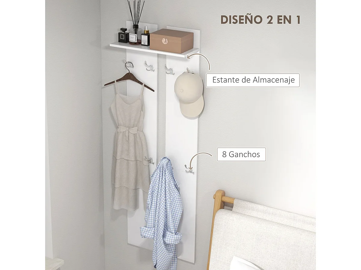 Cabideiro de Entrada Moderno com 8 Ganchos e Prateleira - Modelo Belluno em Branco, 55x21,3x170 cm