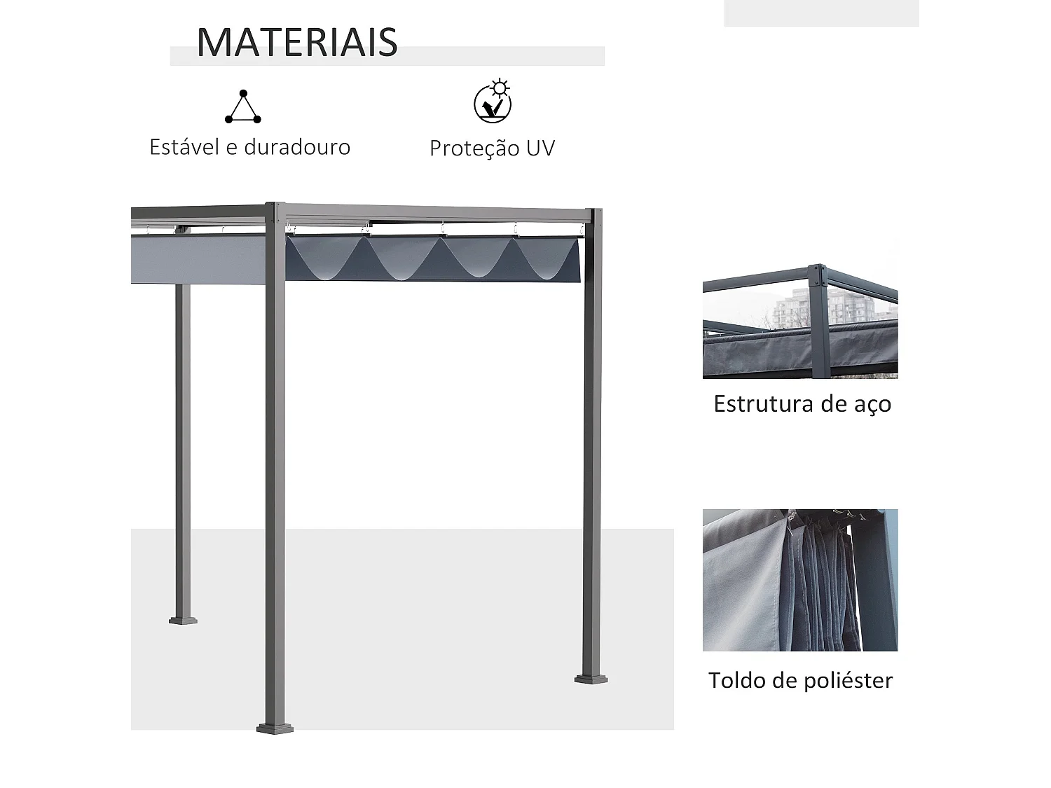 Pérgola Windsor Cinza Escuro com Teto Retrátil – 400x300x222 cm para Jardim e Terraço