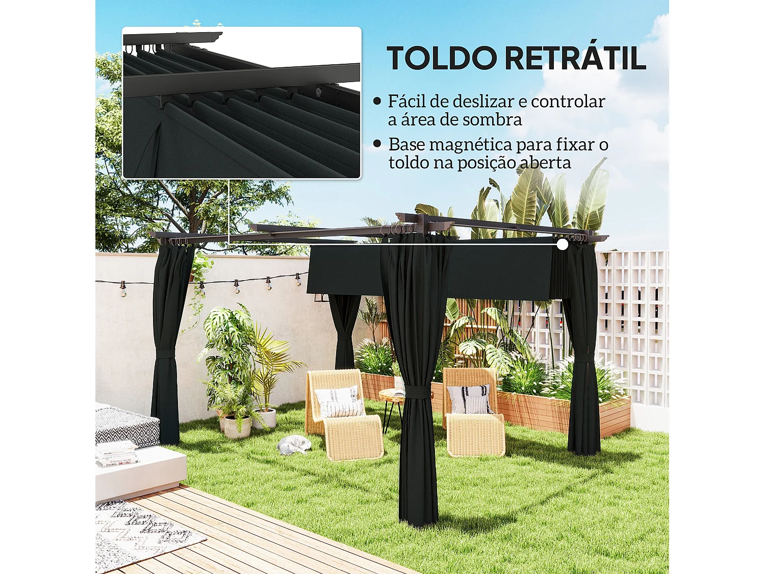 Pérgola Retrátil Reims 3,9x3,0x2,2m com Teto em Poliéster Anti-UV para Espaços Externos Elegantes