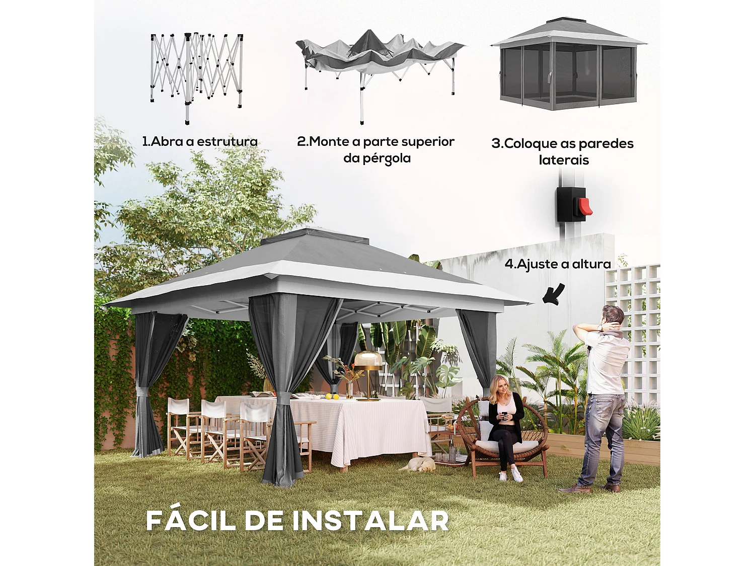 Pérgola Dobrável 356x356x280 cm com Paredes Laterais Removíveis e Proteção UV para Festas e Campismo