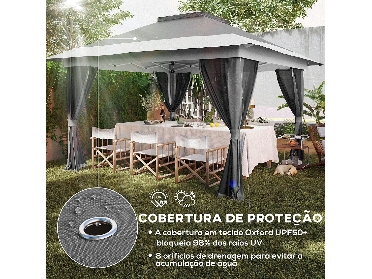 Pérgola Dobrável 356x356x280 cm com Paredes Laterais Removíveis e Proteção UV para Festas e Campismo