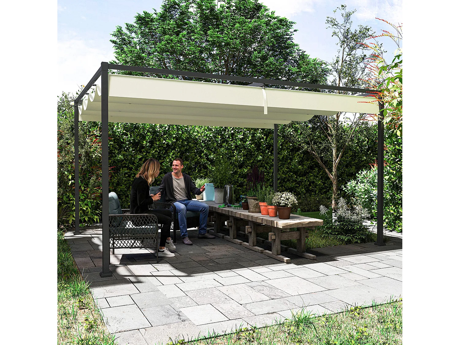 Pérgola Retrátil Madrid 400x300cm com Teto Poliéster Anti-UV em Creme
