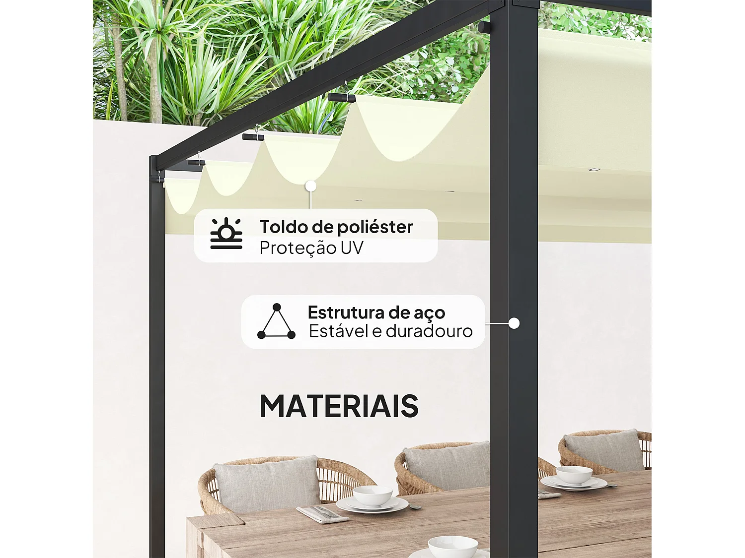 Pérgola Retrátil Madrid 400x300cm com Teto Poliéster Anti-UV em Creme