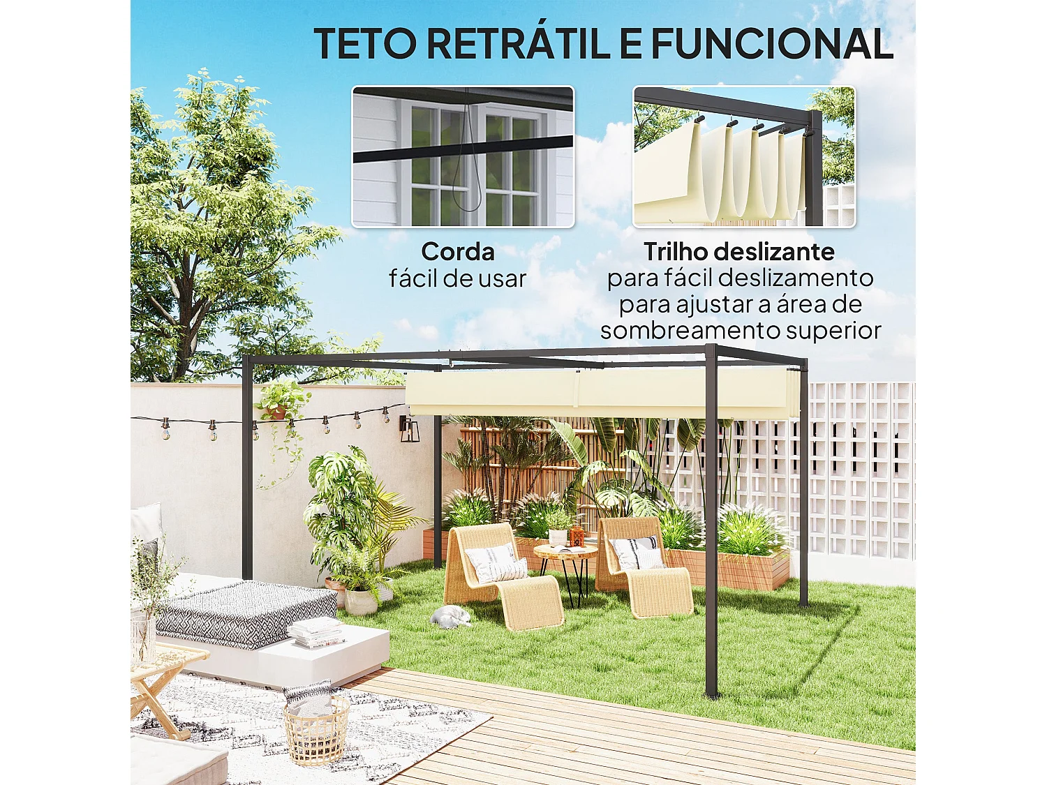 Pérgola Retrátil Madrid 400x300cm com Teto Poliéster Anti-UV em Creme