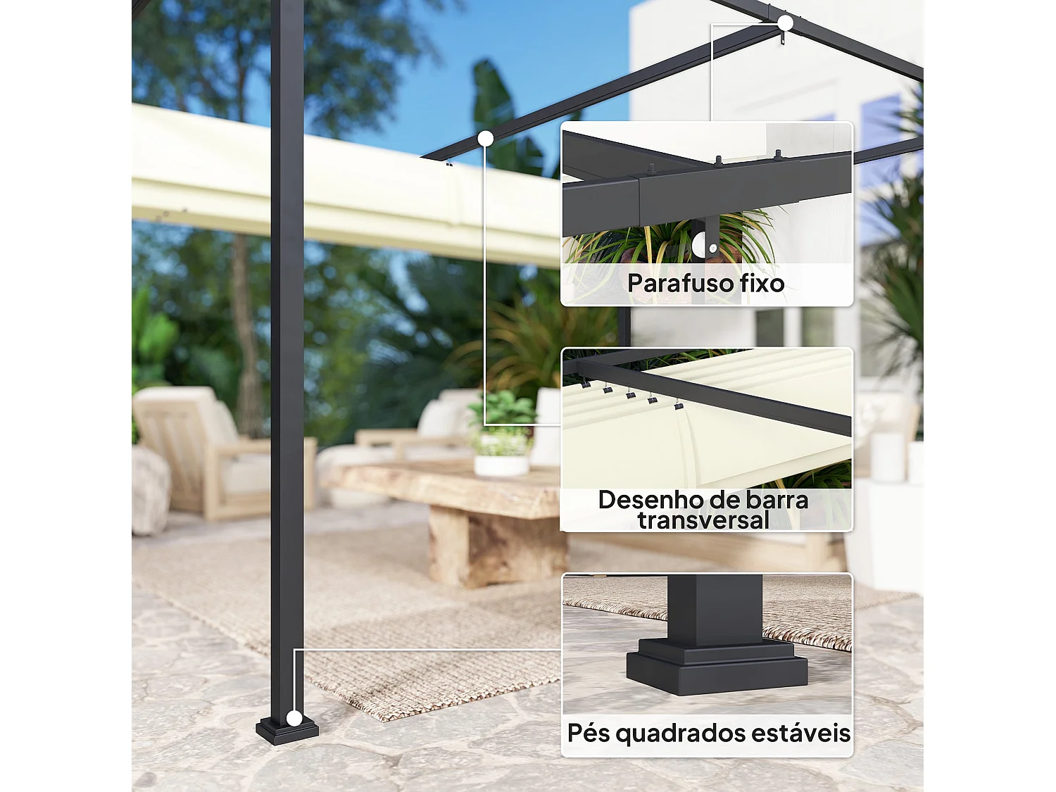 Pérgola Retrátil Madrid 400x300cm com Teto Poliéster Anti-UV em Creme