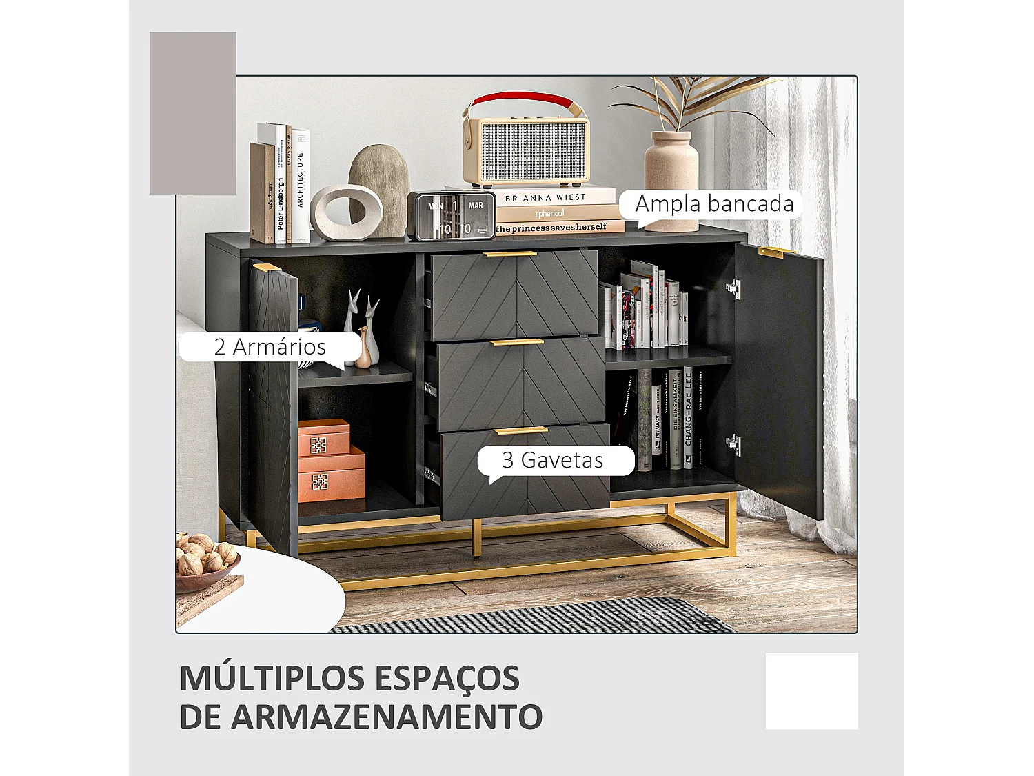 Aparador Luxor Homcom 3 cajones + 2 armarios negro 76x120x40 cm
