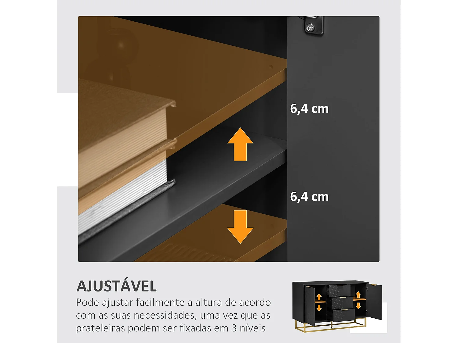 Aparador Luxor Homcom 3 cajones + 2 armarios negro 76x120x40 cm