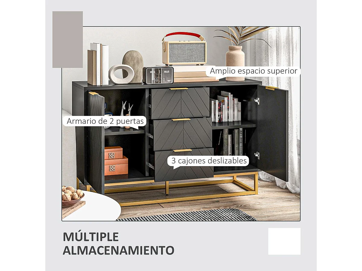 Aparador Luxor Homcom 3 cajones + 2 armarios negro 76x120x40 cm