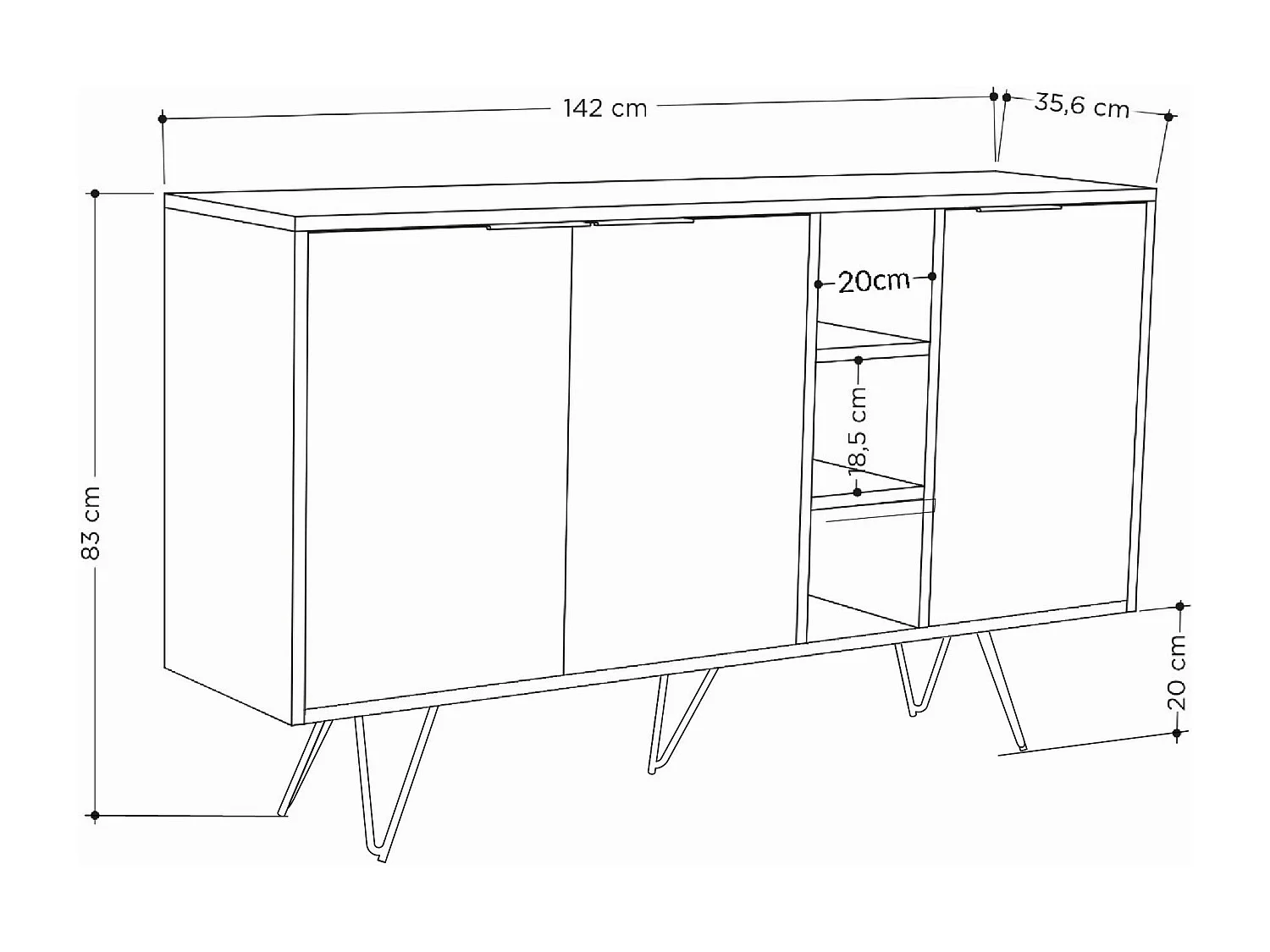 Buffet en bois – 142 cm x 83 cm x 35,6 cm – Grès et Chêne – Panneaux de particules mélaminés