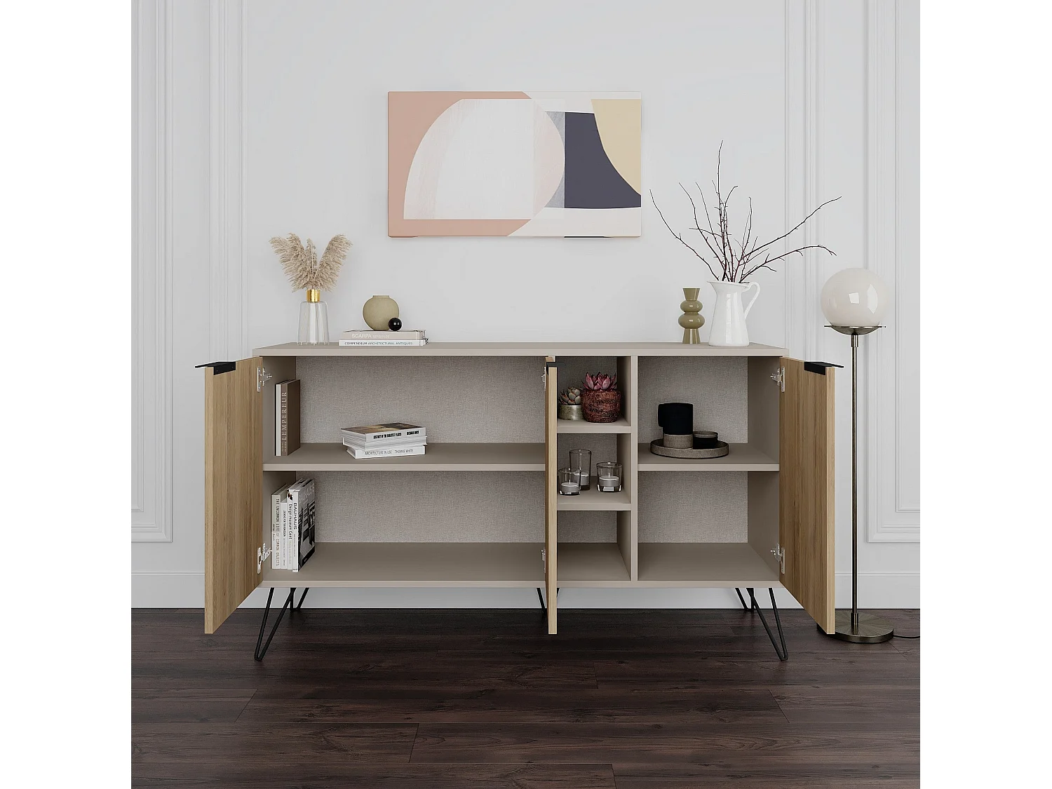 Buffet en bois – 142 cm x 83 cm x 35,6 cm – Grès et Chêne – Panneaux de particules mélaminés