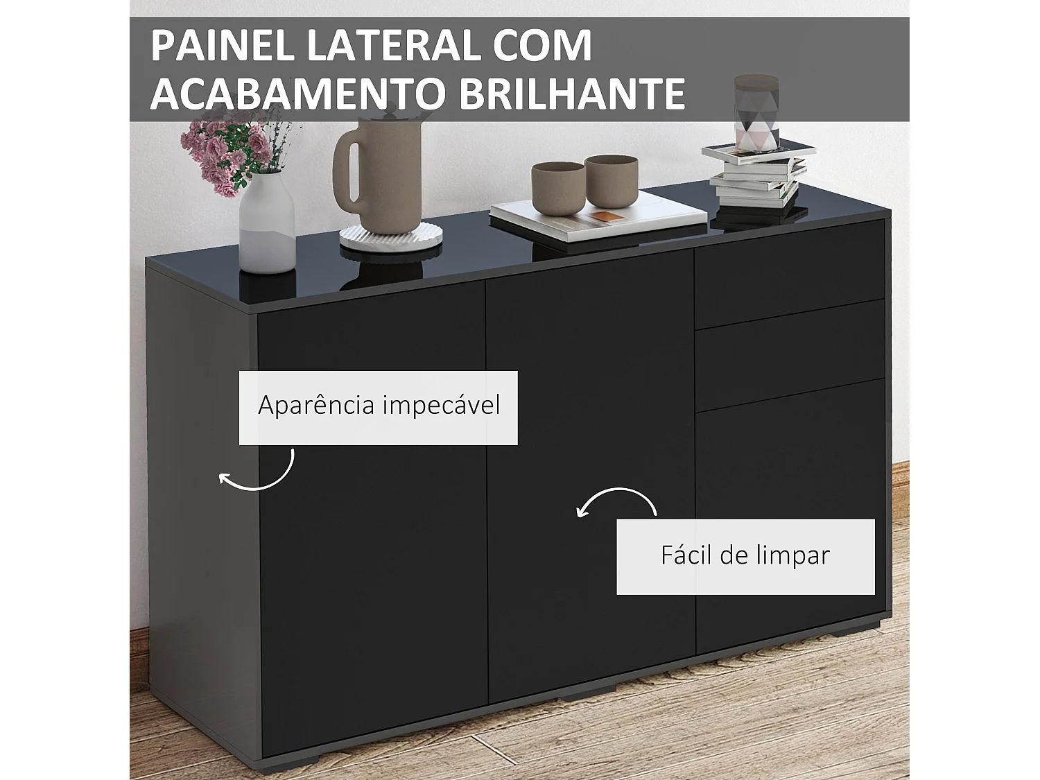 Aparador Shagrila Homcom 3 puertas + 2 cajones + estantes negro 74x117x36 cm