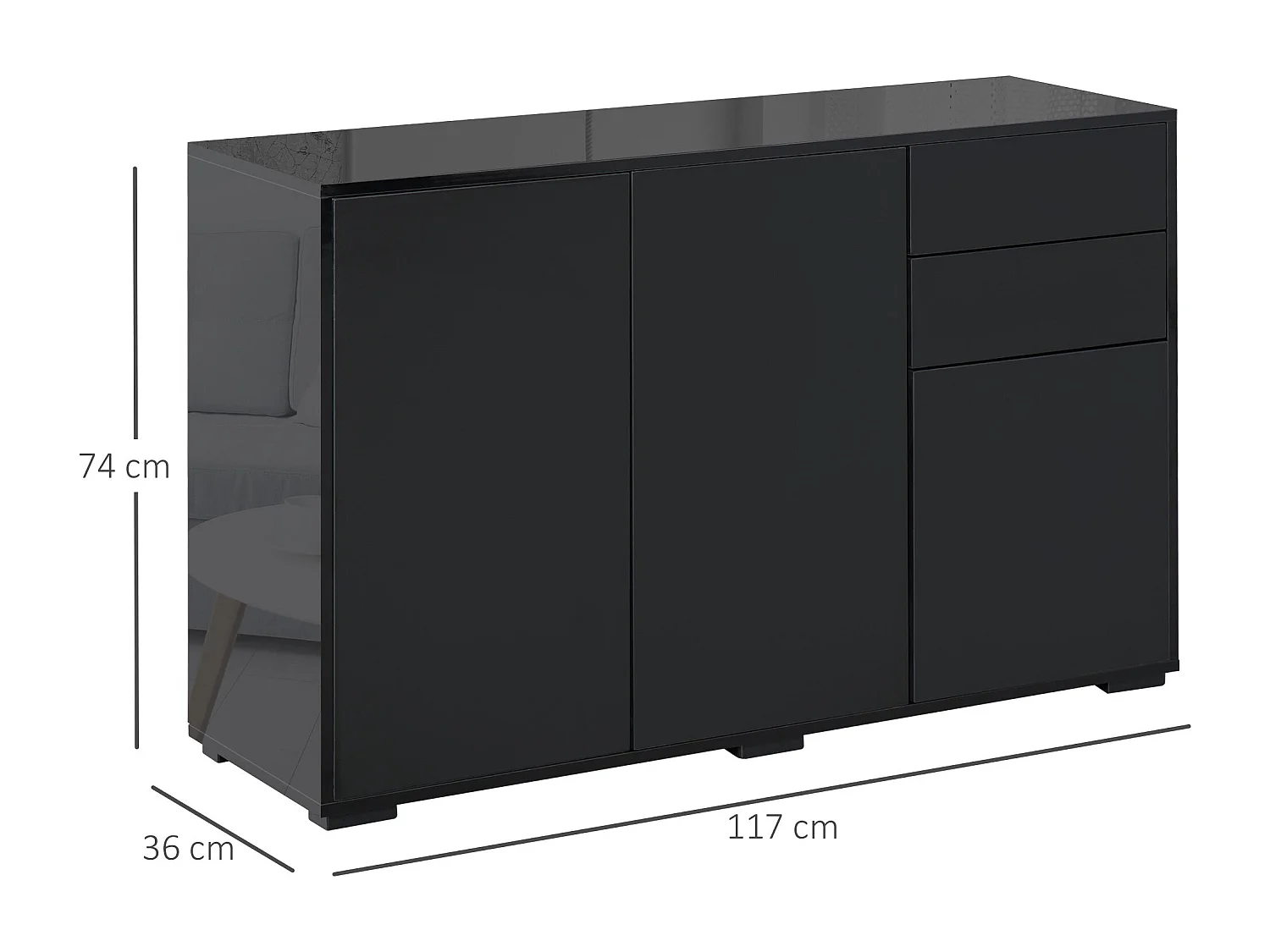 Aparador Shagrila Homcom 3 puertas + 2 cajones + estantes negro 74x117x36 cm